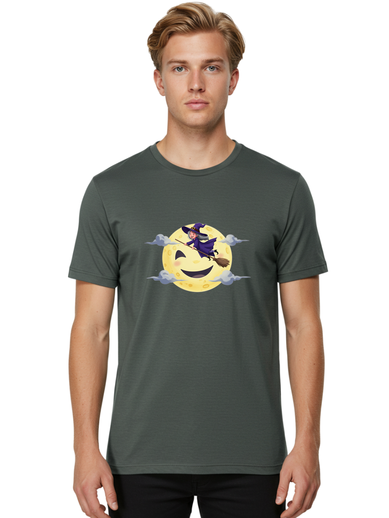 Witch-On-Broomstick-1 Men'S Graphic Tee, 100% Cotton, Comfortable Casual Summer Wear, Machine Washable, Witch Flying On Broomstick, Jack O'Lantern Moon, Halloween Scene, Cartoon Style, Smiling Moon, Spooky Atmosphere, Autumnal Theme, Bad925 21