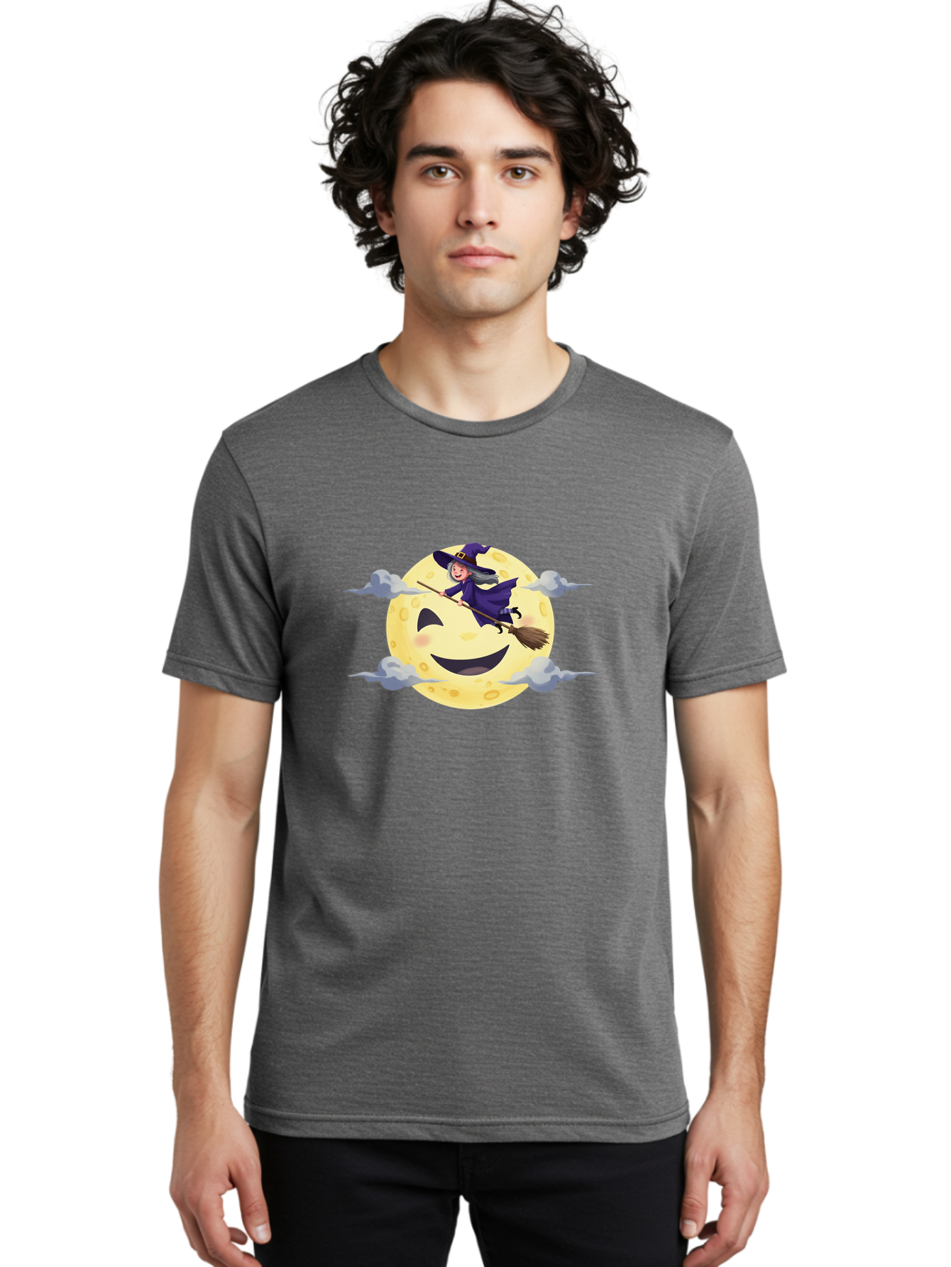 Witch-On-Broomstick-1 Men'S Graphic Tee, 100% Cotton, Comfortable Casual Summer Wear, Machine Washable, Witch Flying On Broomstick, Jack O'Lantern Moon, Halloween Scene, Cartoon Style, Smiling Moon, Spooky Atmosphere, Autumnal Theme, Bad925 27