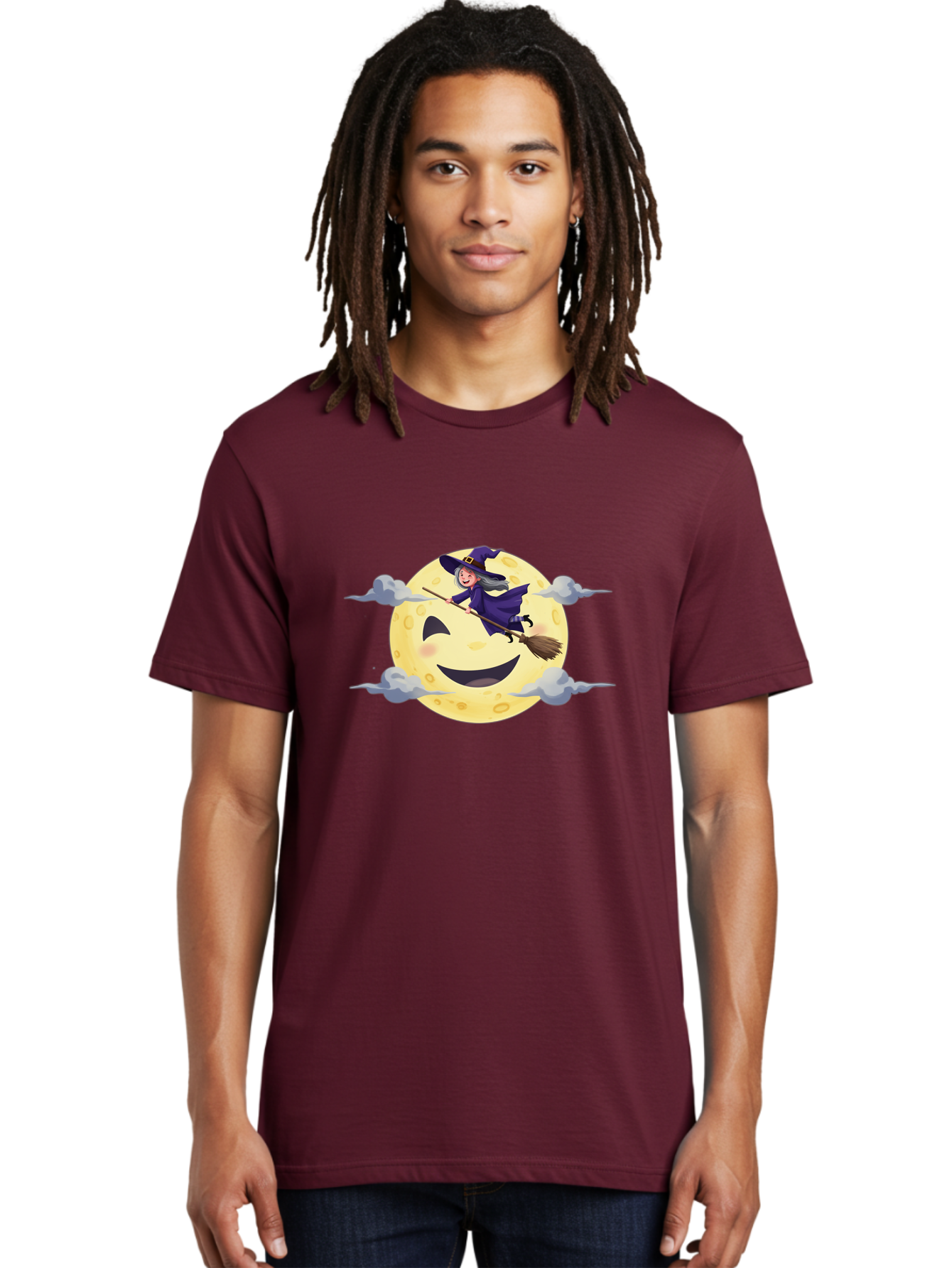 Witch-On-Broomstick-1 Men'S Graphic Tee, 100% Cotton, Comfortable Casual Summer Wear, Machine Washable, Witch Flying On Broomstick, Jack O'Lantern Moon, Halloween Scene, Cartoon Style, Smiling Moon, Spooky Atmosphere, Autumnal Theme, Bad925 26
