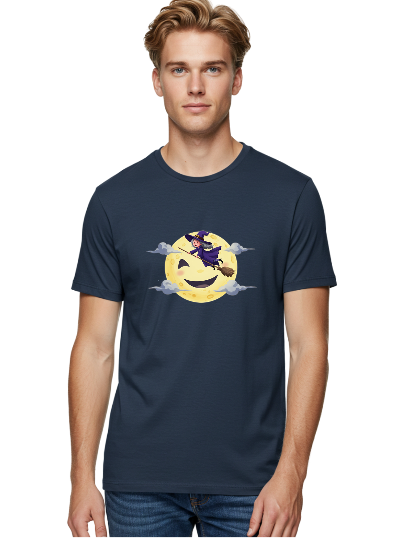 Witch-On-Broomstick-1 Men'S Graphic Tee, 100% Cotton, Comfortable Casual Summer Wear, Machine Washable, Witch Flying On Broomstick, Jack O'Lantern Moon, Halloween Scene, Cartoon Style, Smiling Moon, Spooky Atmosphere, Autumnal Theme, Bad925 18