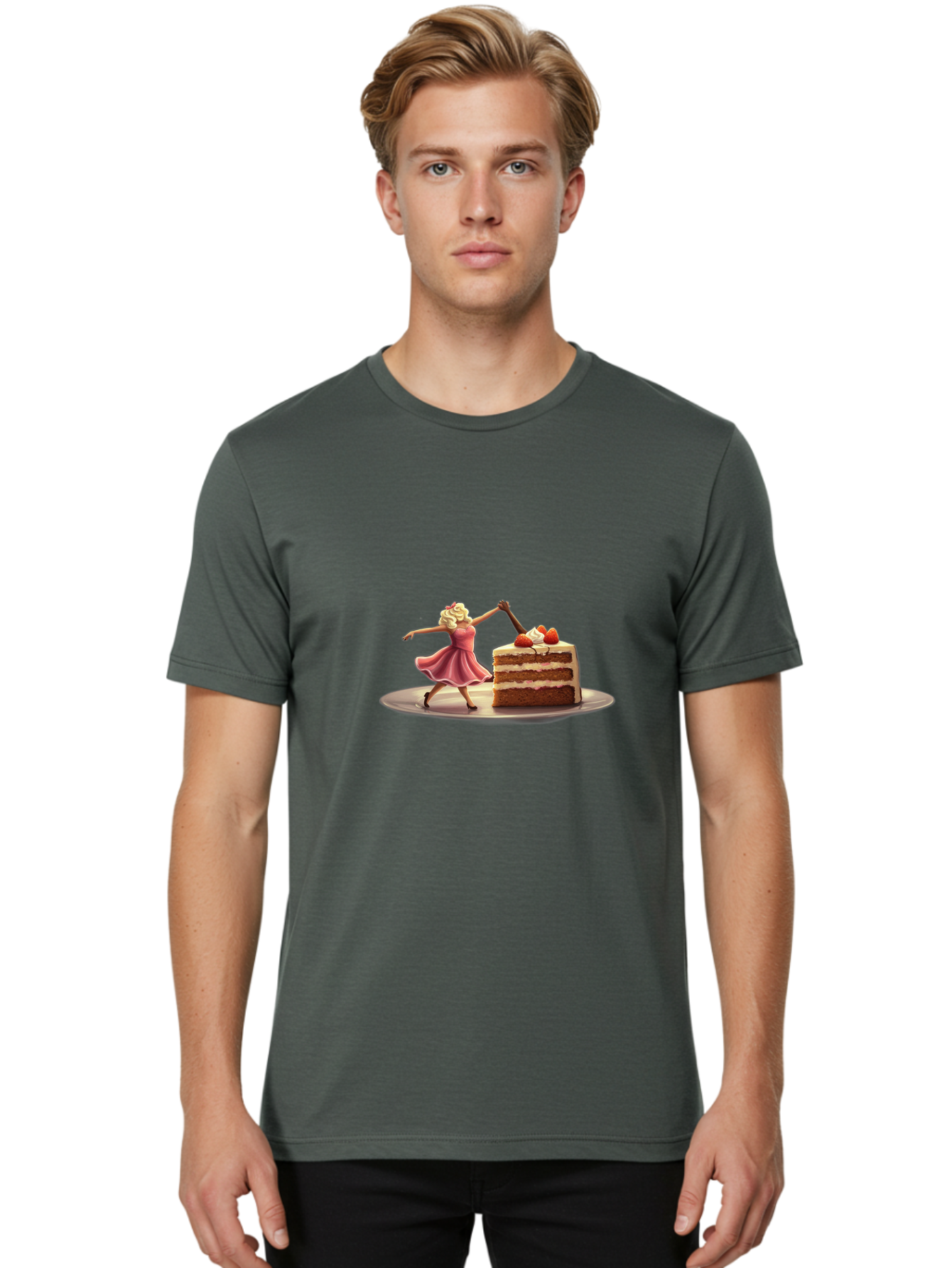 Woman-And-Cake Men'S Graphic Tee, 100% Cotton, Comfortable Casual Summer Wear, Machine Washable, Woman Cutting Cake, Marilyn Monroe Lookalike, Pink Dress, Blonde Hair, Cake With Strawberries, Sweet Treats, Dessert, Celebration Bad927 25