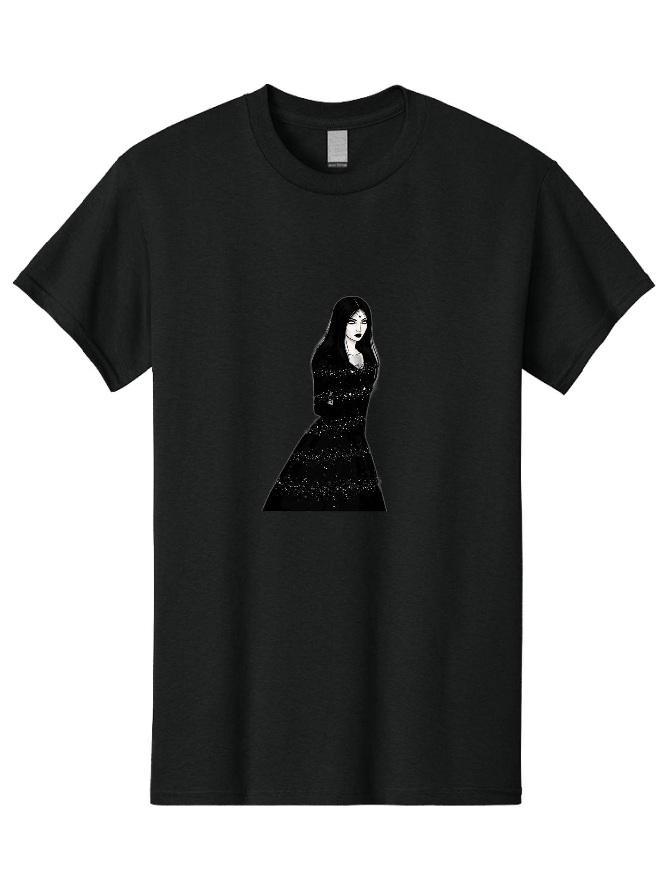 Woman-In-Black-Dress Men'S Graphic Tee, 100% Cotton, Comfortable Casual Summer Wear, Machine Washable, Woman In Black Dress, Long Black Hair, Elegant Jewelry, Sparkling Dress, Dark Beauty, Fashion Illustration, Mysterious Woman, Bad928 5