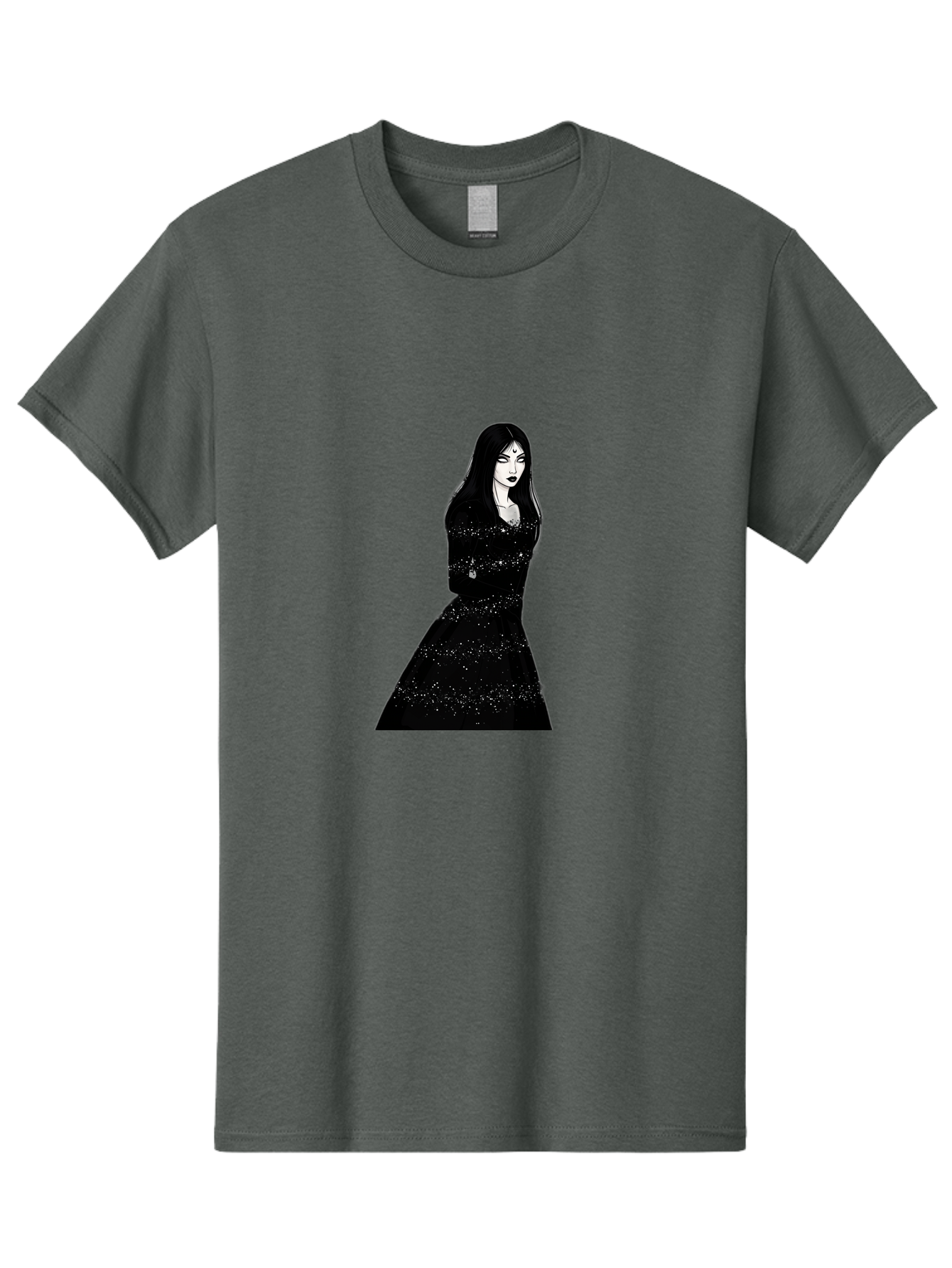 Woman-In-Black-Dress Men'S Graphic Tee, 100% Cotton, Comfortable Casual Summer Wear, Machine Washable, Woman In Black Dress, Long Black Hair, Elegant Jewelry, Sparkling Dress, Dark Beauty, Fashion Illustration, Mysterious Woman, Bad928 2