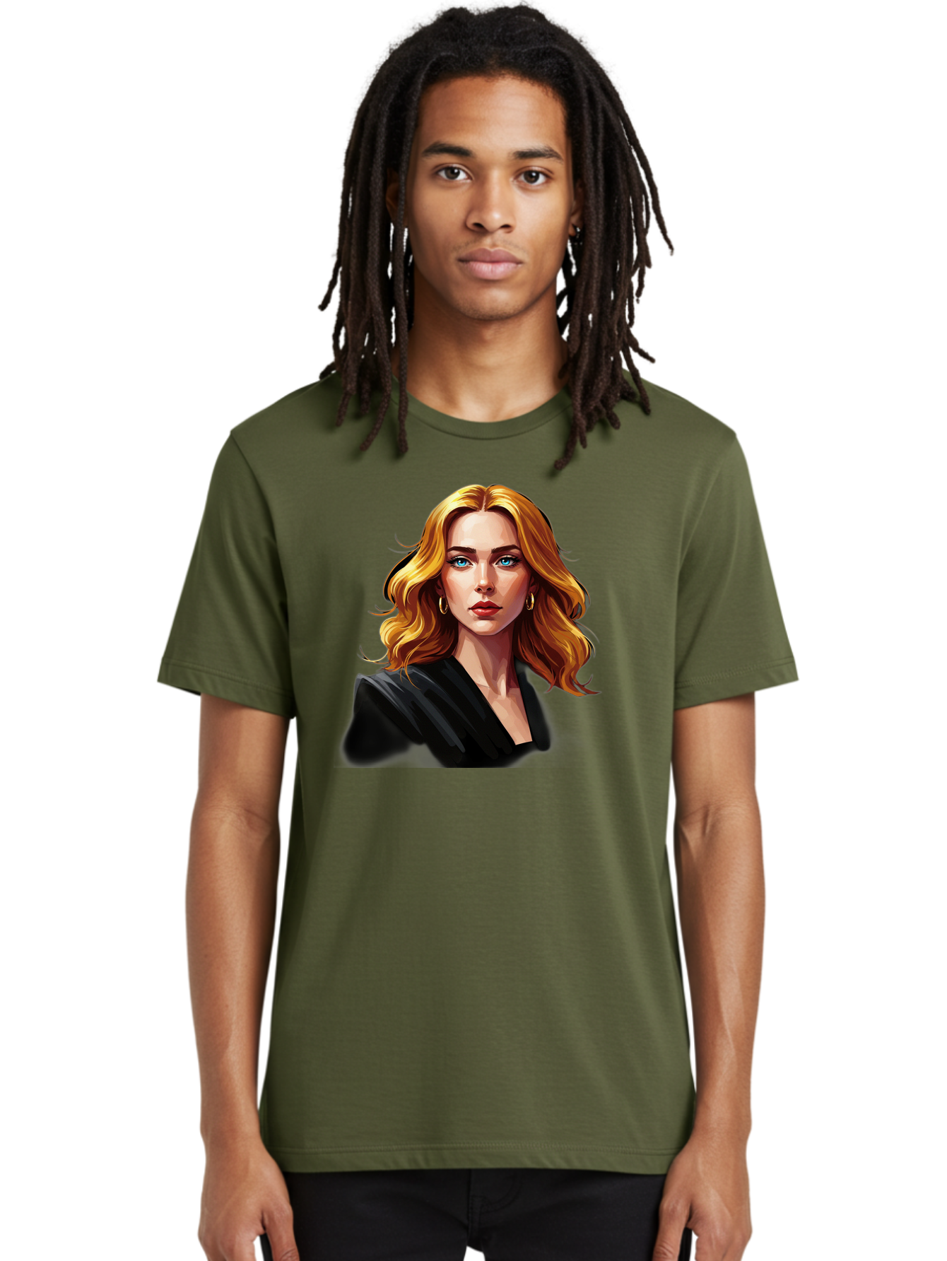 Woman-Portrait-1 Men'S Graphic Tee, 100% Cotton, Comfortable Casual Summer Wear, Machine Washable, Blonde Woman, Blue Eyes, Gold Hoop Earrings, Black Jacket, Fashion Portrait, Digital Art, Wavy Hair, Modern Style, Elegant Look, Bad929 16