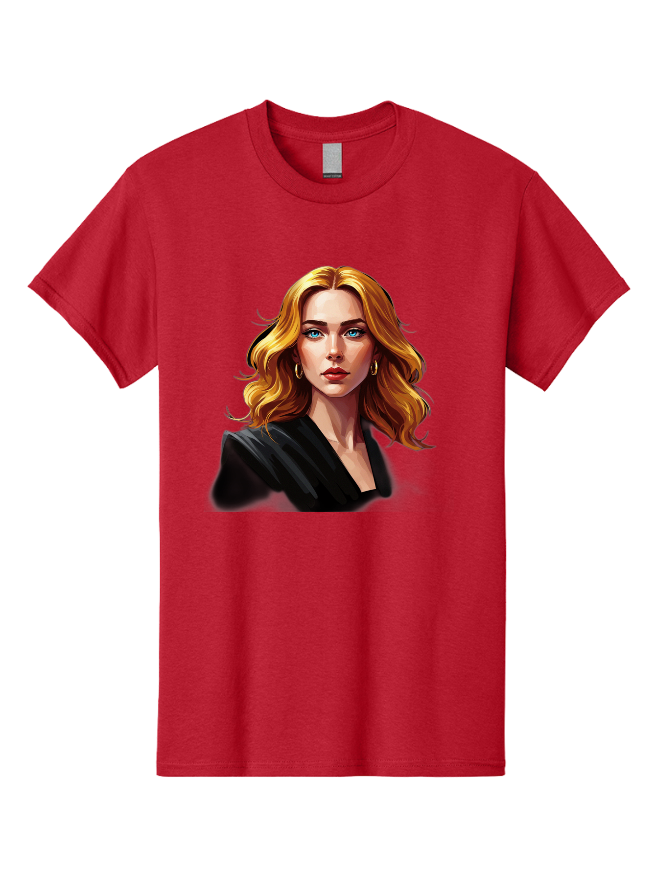 Woman-Portrait-1 Men'S Graphic Tee, 100% Cotton, Comfortable Casual Summer Wear, Machine Washable, Blonde Woman, Blue Eyes, Gold Hoop Earrings, Black Jacket, Fashion Portrait, Digital Art, Wavy Hair, Modern Style, Elegant Look, Bad929 15