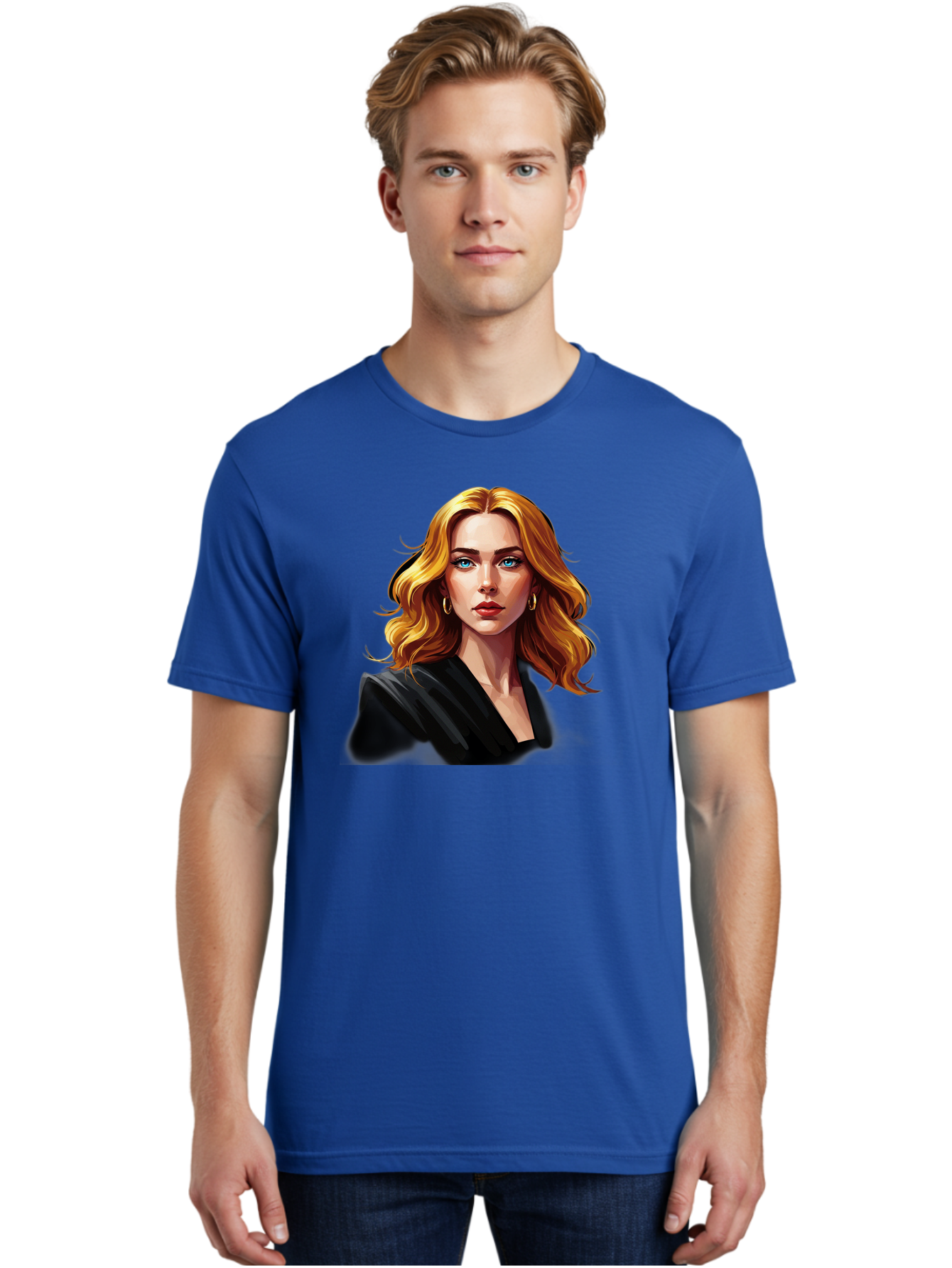 Woman-Portrait-1 Men'S Graphic Tee, 100% Cotton, Comfortable Casual Summer Wear, Machine Washable, Blonde Woman, Blue Eyes, Gold Hoop Earrings, Black Jacket, Fashion Portrait, Digital Art, Wavy Hair, Modern Style, Elegant Look, Bad929 17