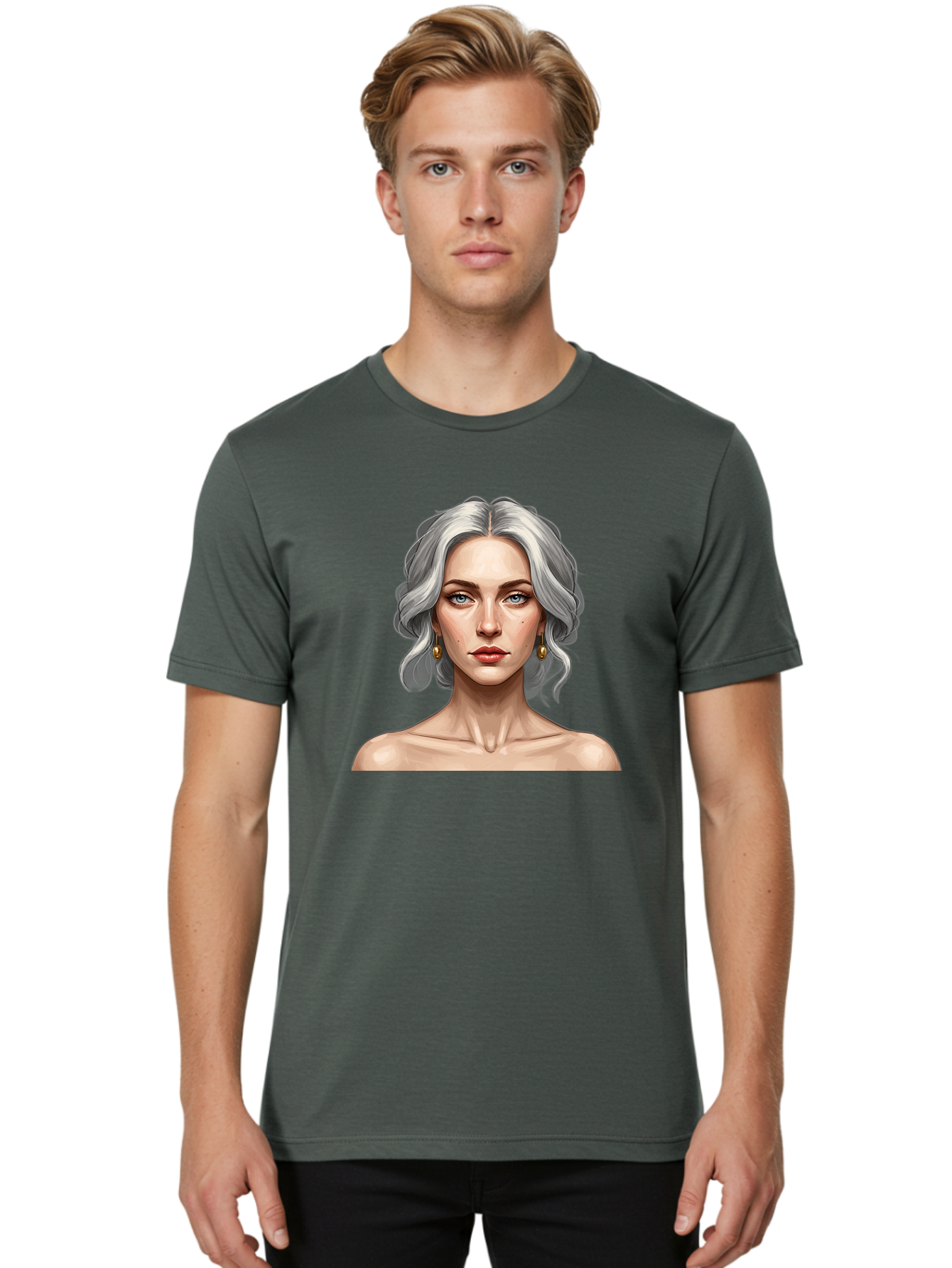 Woman-Portrait Men'S Graphic Tee, 100% Cotton, Comfortable Casual Summer Wear, Machine Washable, Silver Hair, Blue Eyes, Elegant Earrings, Digital Illustration, Portrait, Female Character, Modern Art, Captivating Gaze, Shoulder-Length Hair, Bad930 22