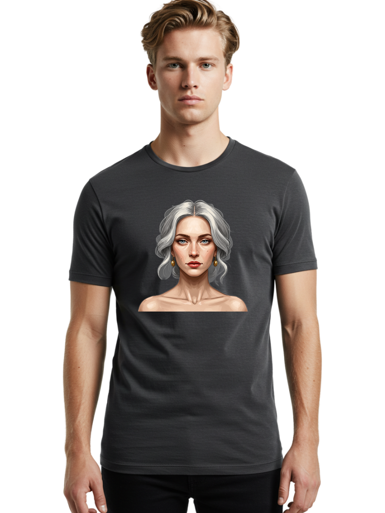 Woman-Portrait Men'S Graphic Tee, 100% Cotton, Comfortable Casual Summer Wear, Machine Washable, Silver Hair, Blue Eyes, Elegant Earrings, Digital Illustration, Portrait, Female Character, Modern Art, Captivating Gaze, Shoulder-Length Hair, Bad930 18