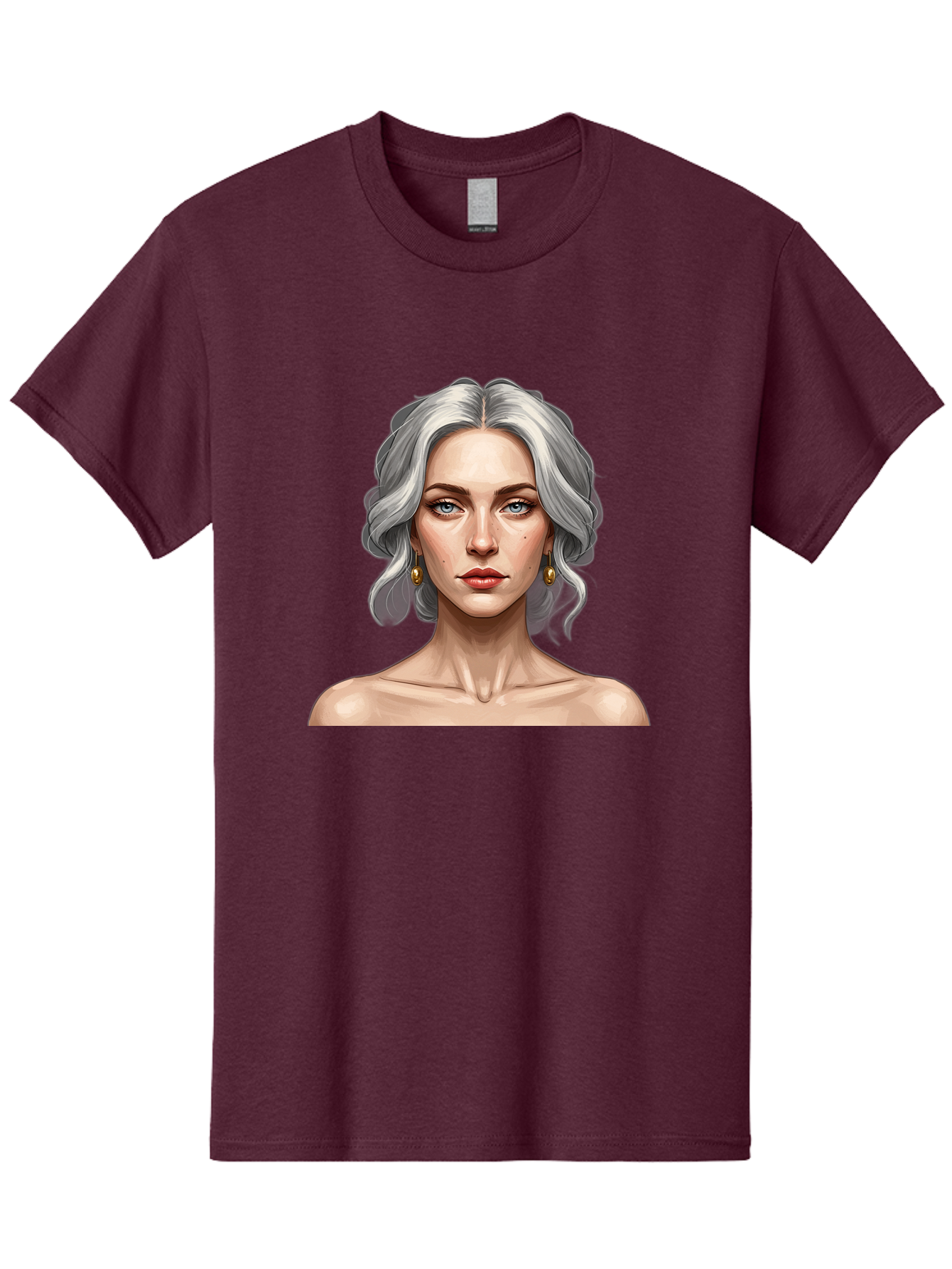 Woman-Portrait Men'S Graphic Tee, 100% Cotton, Comfortable Casual Summer Wear, Machine Washable, Silver Hair, Blue Eyes, Elegant Earrings, Digital Illustration, Portrait, Female Character, Modern Art, Captivating Gaze, Shoulder-Length Hair, Bad930 6