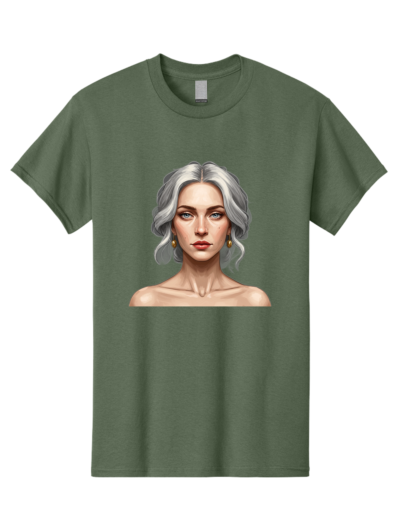 Woman-Portrait Men'S Graphic Tee, 100% Cotton, Comfortable Casual Summer Wear, Machine Washable, Silver Hair, Blue Eyes, Elegant Earrings, Digital Illustration, Portrait, Female Character, Modern Art, Captivating Gaze, Shoulder-Length Hair, Bad930 4