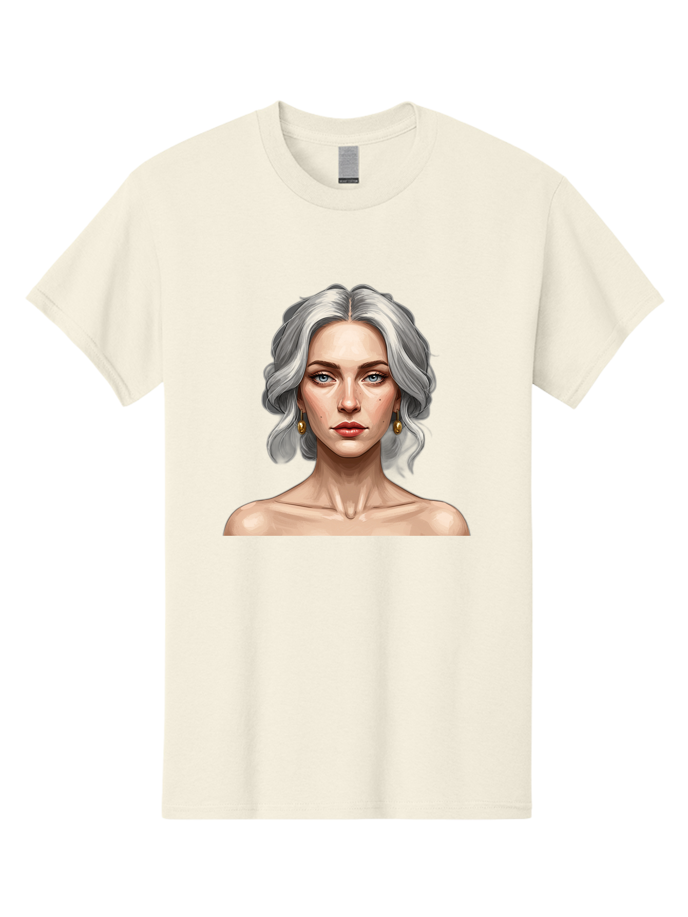 Woman-Portrait Men'S Graphic Tee, 100% Cotton, Comfortable Casual Summer Wear, Machine Washable, Silver Hair, Blue Eyes, Elegant Earrings, Digital Illustration, Portrait, Female Character, Modern Art, Captivating Gaze, Shoulder-Length Hair, Bad930 2
