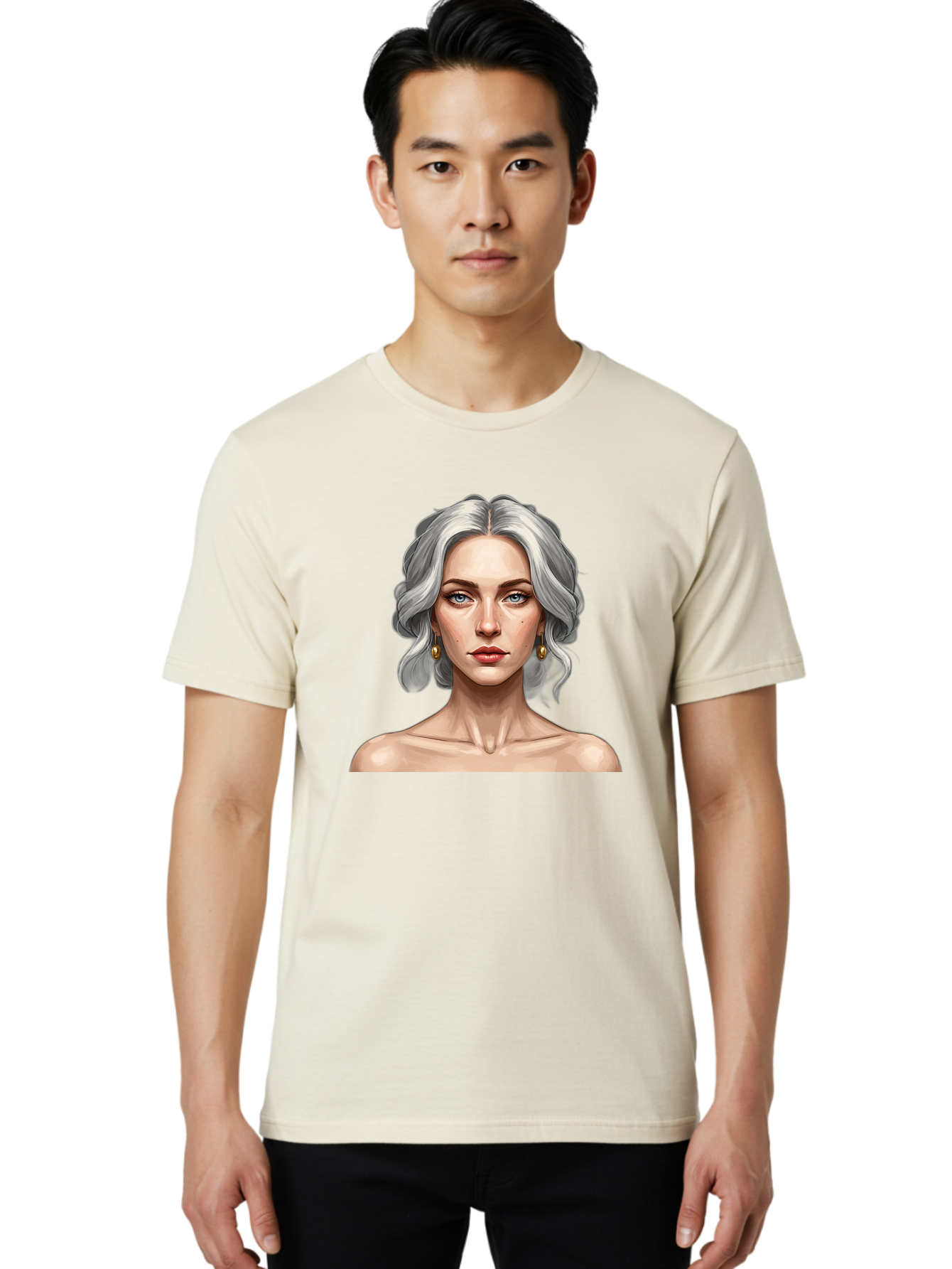 Woman-Portrait Men'S Graphic Tee, 100% Cotton, Comfortable Casual Summer Wear, Machine Washable, Silver Hair, Blue Eyes, Elegant Earrings, Digital Illustration, Portrait, Female Character, Modern Art, Captivating Gaze, Shoulder-Length Hair, Bad930 17