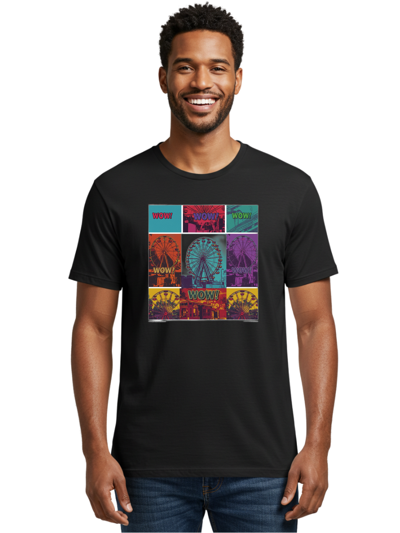 Wow-Ferris-Wheel-Collage Men'S Graphic Tee, 100% Cotton, Comfortable Casual Summer Wear, Machine Washable, Ferris Wheel At Carnival, Amusement Park, Colorful Graphics, Vibrant Colors, Wow Expression, Pop Art Style, Funfair, Thrill Ride, Bad932 21