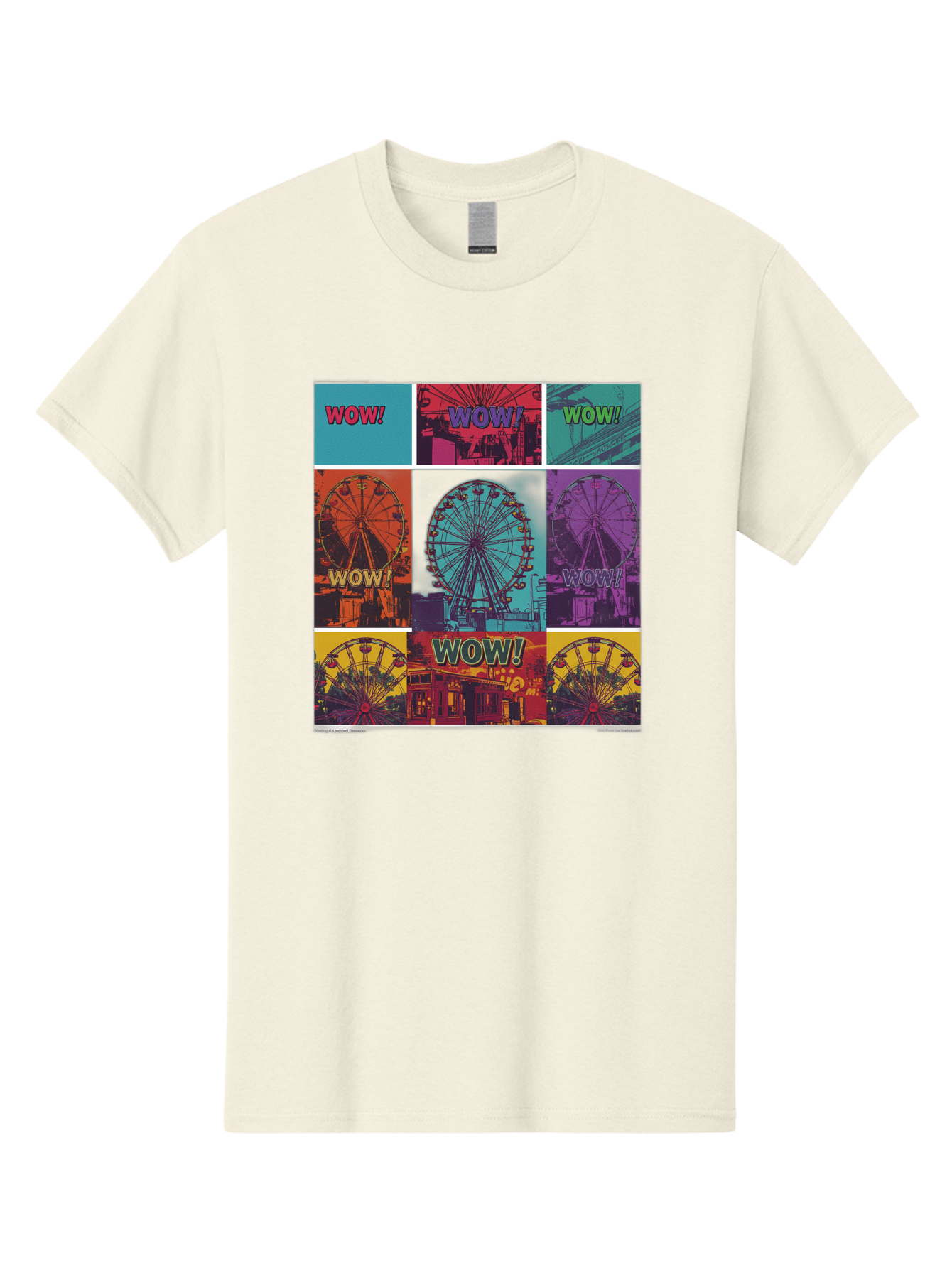 Wow-Ferris-Wheel-Collage Men'S Graphic Tee, 100% Cotton, Comfortable Casual Summer Wear, Machine Washable, Ferris Wheel At Carnival, Amusement Park, Colorful Graphics, Vibrant Colors, Wow Expression, Pop Art Style, Funfair, Thrill Ride, Bad932 13