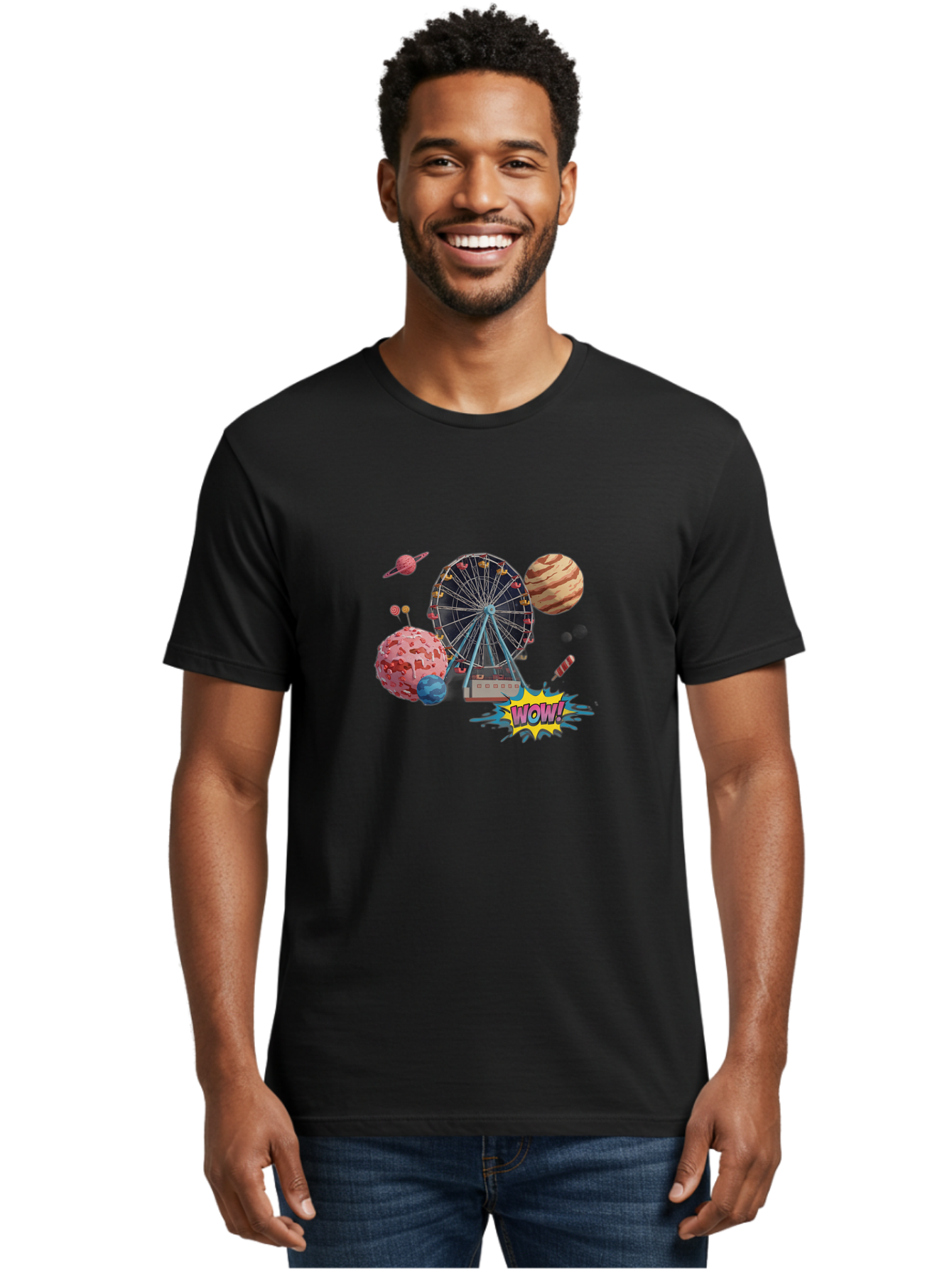 Wow Men'S Graphic Tee, 100% Cotton, Comfortable Casual Summer Wear, Machine Washable, Carnival Ferris Wheel, Planets, Explosion, Comic Speech Bubble, Wow Text, Colorful Illustration, Amusement Park, Whimsical Art, Fantasy Scene, Bad933 19
