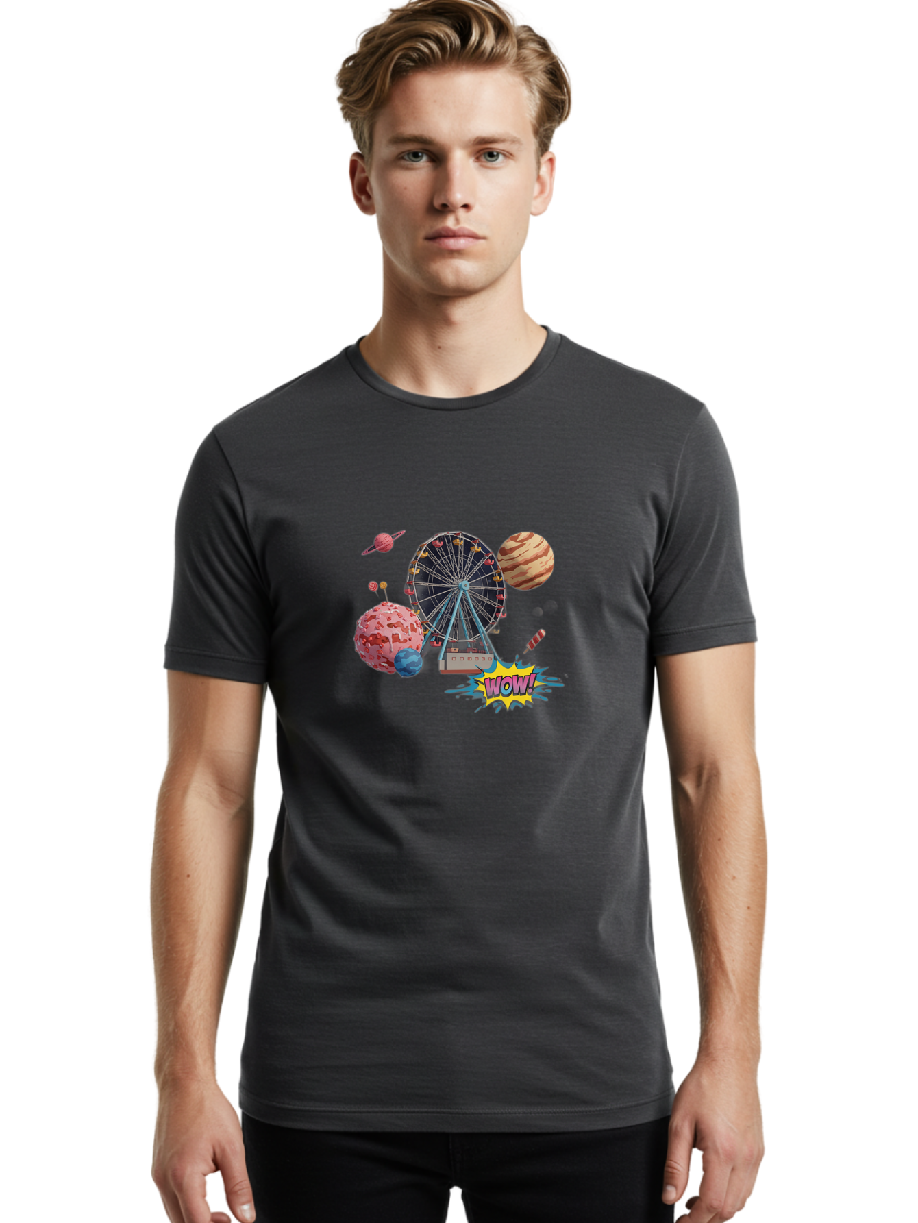 Wow Men'S Graphic Tee, 100% Cotton, Comfortable Casual Summer Wear, Machine Washable, Carnival Ferris Wheel, Planets, Explosion, Comic Speech Bubble, Wow Text, Colorful Illustration, Amusement Park, Whimsical Art, Fantasy Scene, Bad933 21