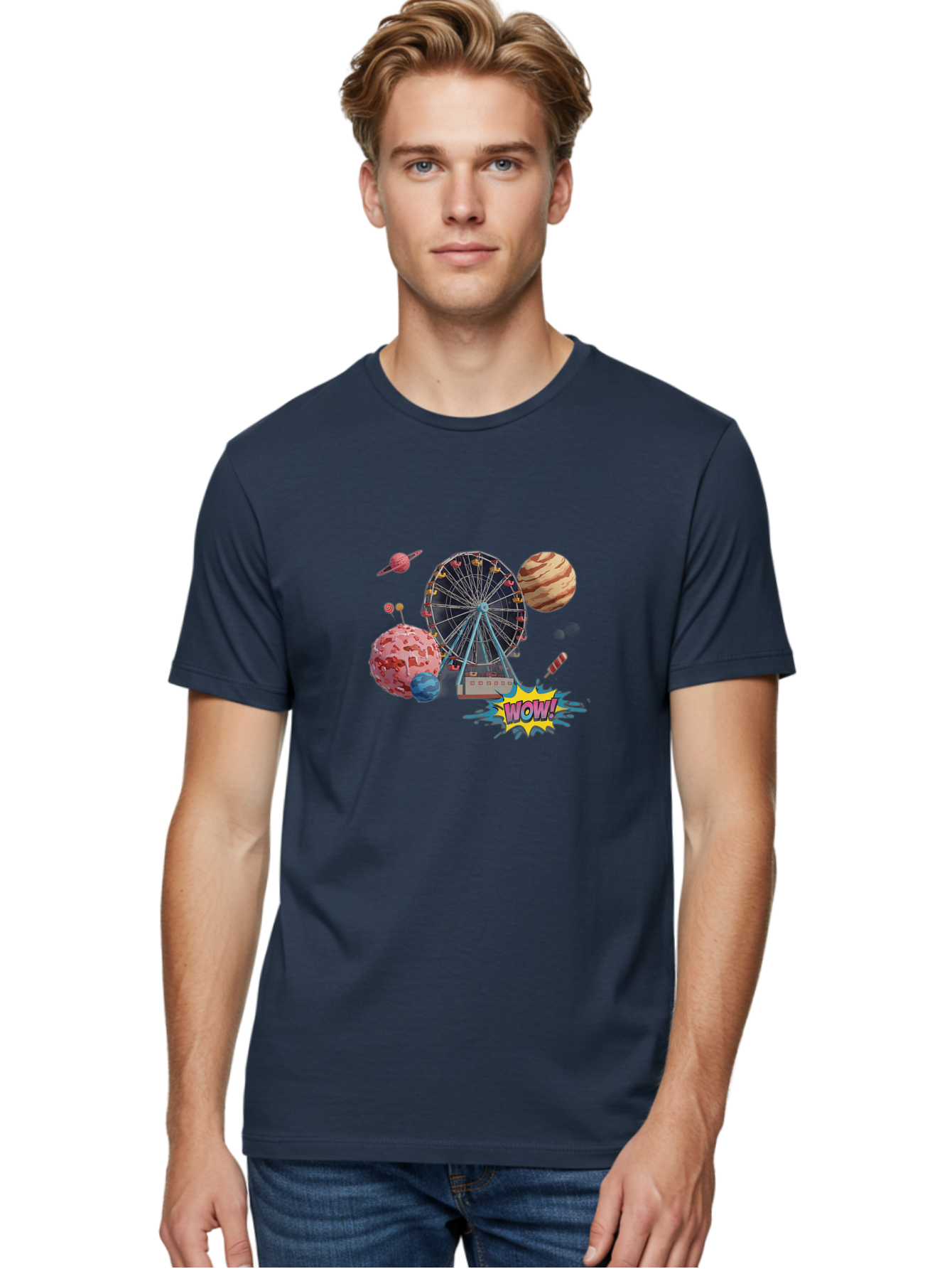 Wow Men'S Graphic Tee, 100% Cotton, Comfortable Casual Summer Wear, Machine Washable, Carnival Ferris Wheel, Planets, Explosion, Comic Speech Bubble, Wow Text, Colorful Illustration, Amusement Park, Whimsical Art, Fantasy Scene, Bad933 18