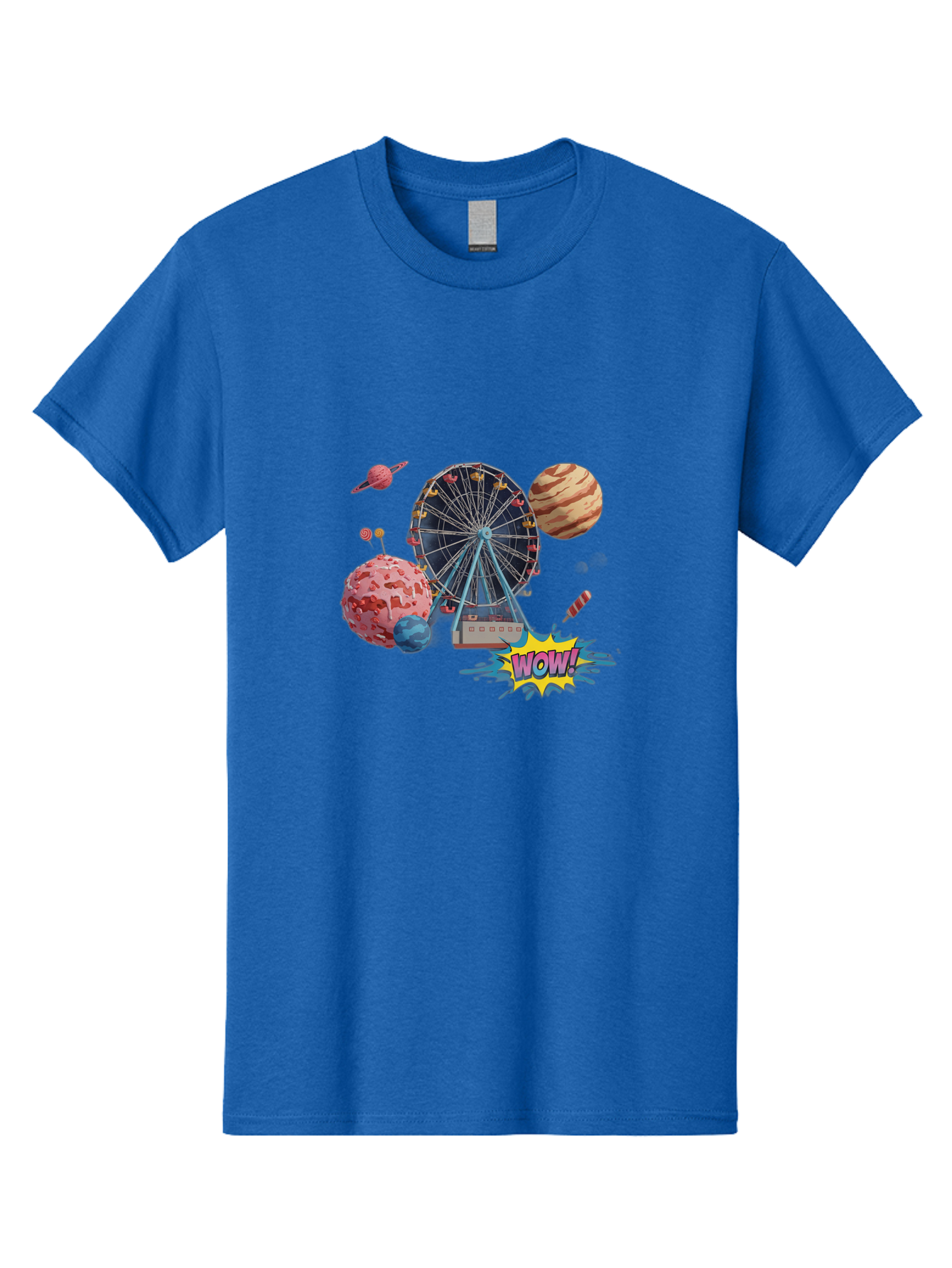 Wow Men'S Graphic Tee, 100% Cotton, Comfortable Casual Summer Wear, Machine Washable, Carnival Ferris Wheel, Planets, Explosion, Comic Speech Bubble, Wow Text, Colorful Illustration, Amusement Park, Whimsical Art, Fantasy Scene, Bad933 1