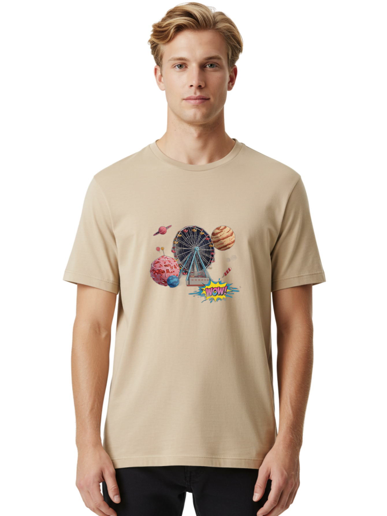 Wow Men'S Graphic Tee, 100% Cotton, Comfortable Casual Summer Wear, Machine Washable, Carnival Ferris Wheel, Planets, Explosion, Comic Speech Bubble, Wow Text, Colorful Illustration, Amusement Park, Whimsical Art, Fantasy Scene, Bad933 30