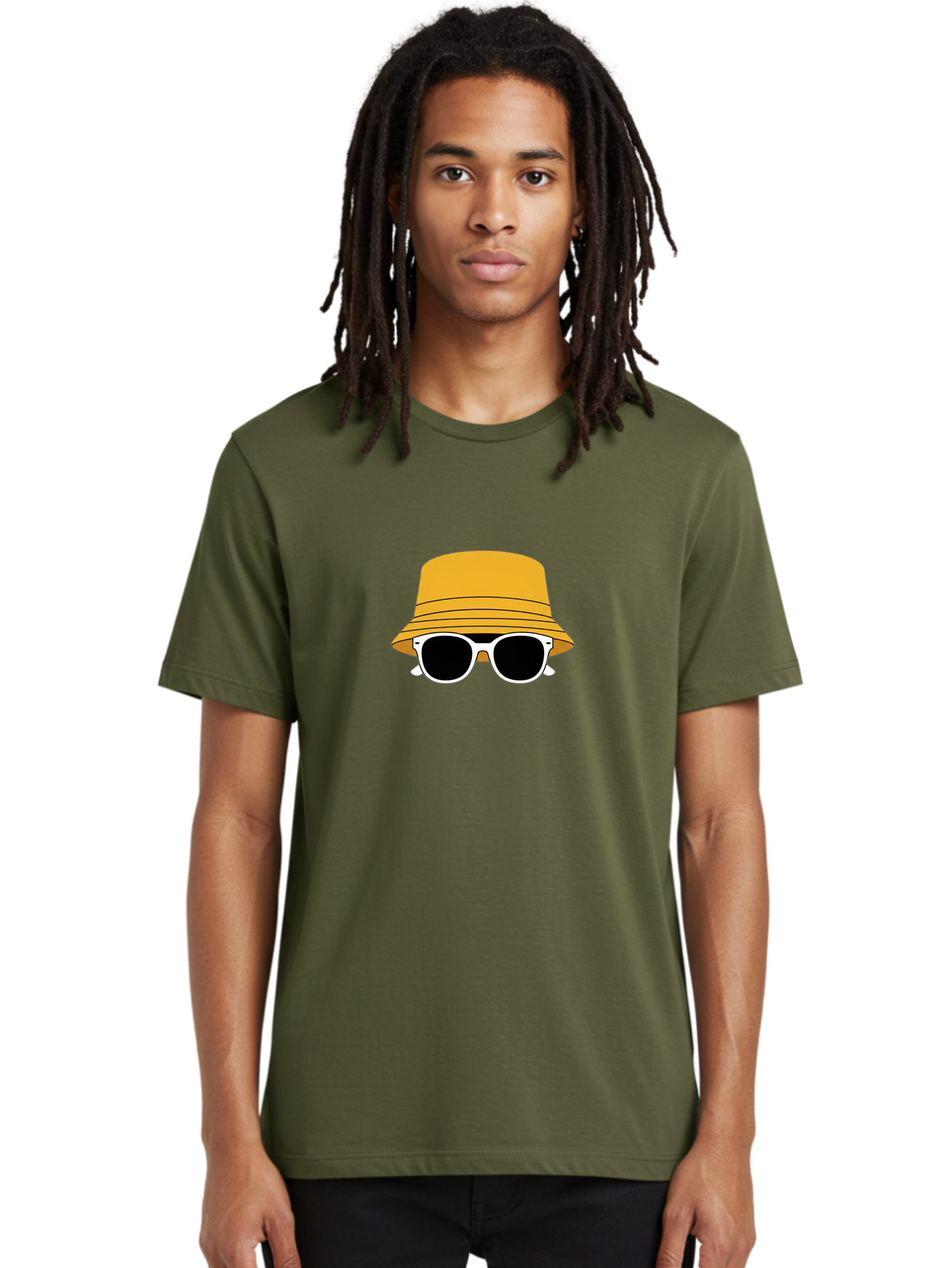 Yellow-Bucket-Hat-And-Sunglasses Men'S Graphic Tee, 100% Cotton, Comfortable Casual Summer Wear, Machine Washable, Cartoon Style, White Sunglasses, Yellow Bucket Hat, Minimalist Design, Fashion Accessory, Trendy Look, Cool Shades, Summer Vibe Bad938 27