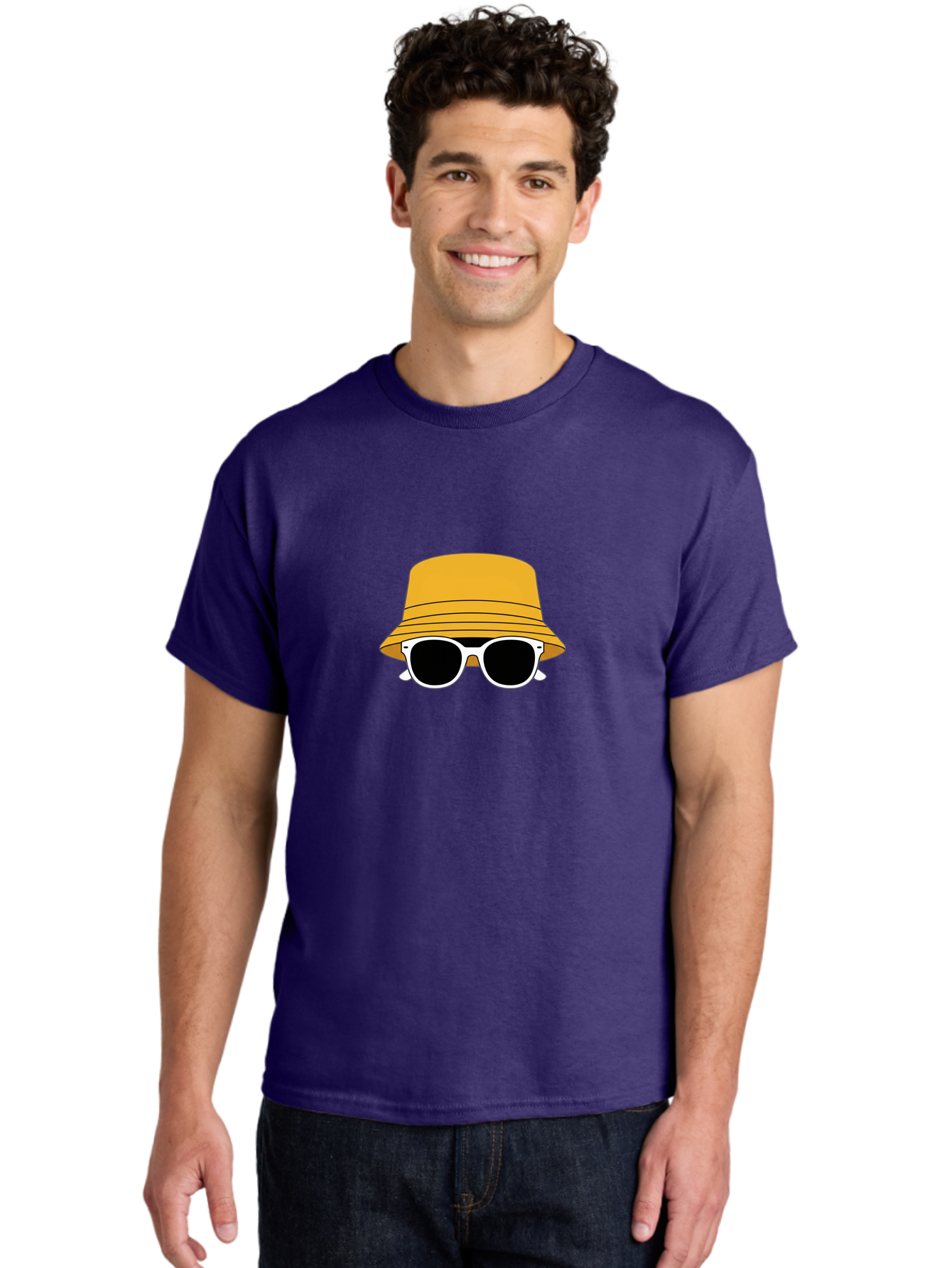 Yellow-Bucket-Hat-And-Sunglasses Men'S Graphic Tee, 100% Cotton, Comfortable Casual Summer Wear, Machine Washable, Cartoon Style, White Sunglasses, Yellow Bucket Hat, Minimalist Design, Fashion Accessory, Trendy Look, Cool Shades, Summer Vibe Bad938 21