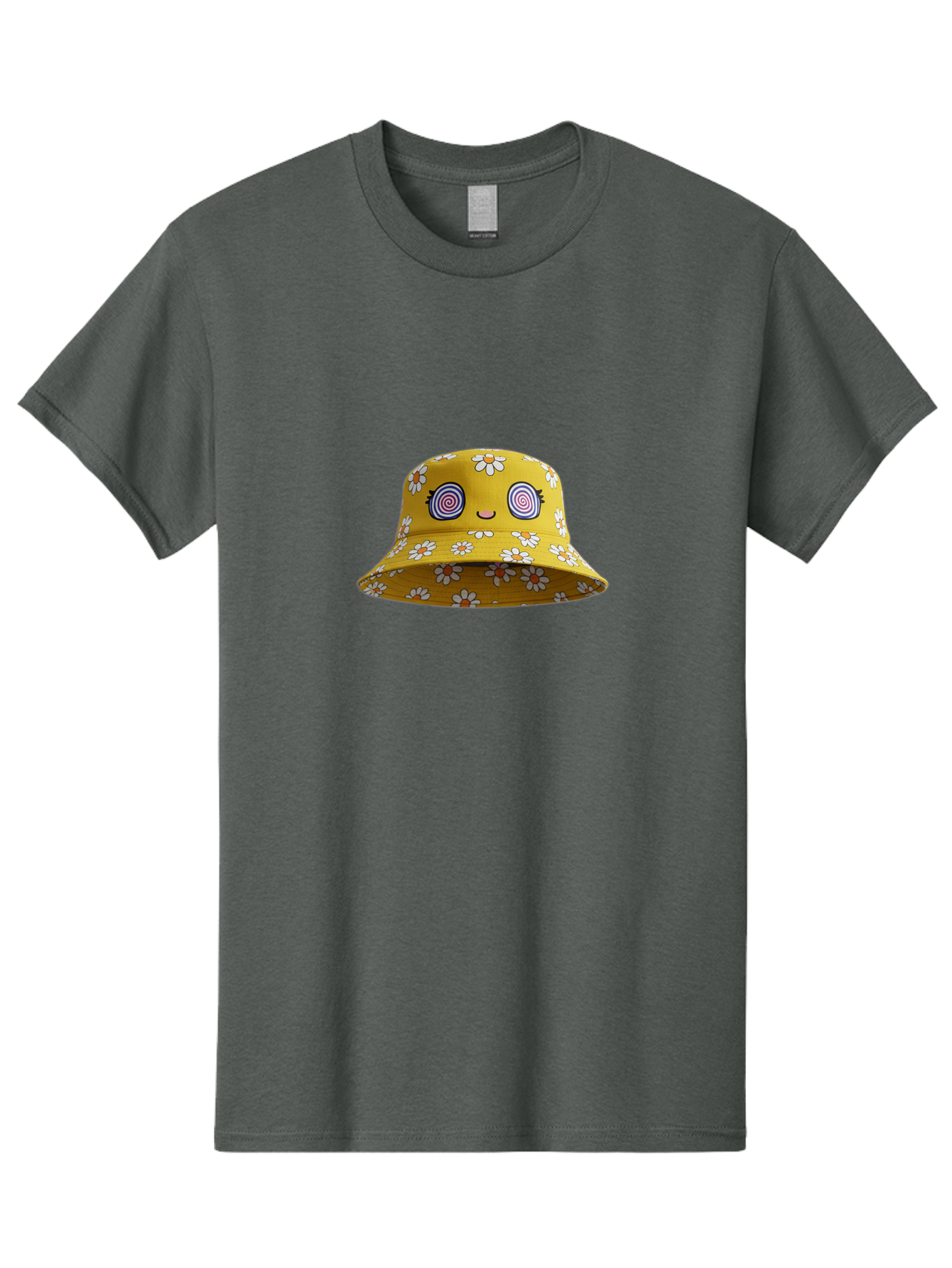 Yellow-Floral-Bucket-Hat Men'S Graphic Tee, 100% Cotton, Comfortable Casual Summer Wear, Machine Washable, Yellow Bucket Hat, Floral Pattern, Cartoon Face, Spiral Eyes, Smiling Mouth, Feminine Lashes, Fashion Accessory, Summer Hat, Beachwear, Bad939 12
