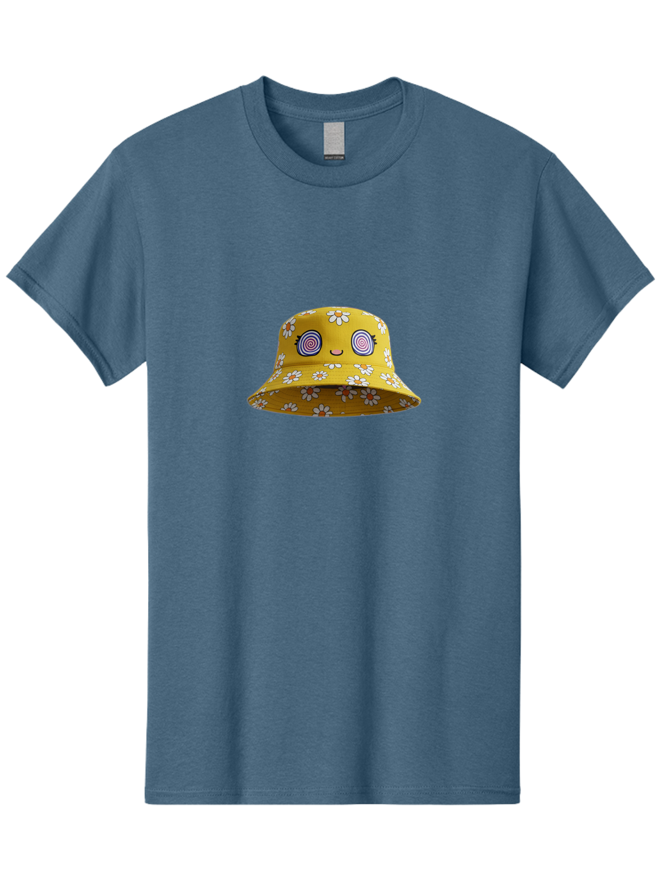 Yellow-Floral-Bucket-Hat Men'S Graphic Tee, 100% Cotton, Comfortable Casual Summer Wear, Machine Washable, Yellow Bucket Hat, Floral Pattern, Cartoon Face, Spiral Eyes, Smiling Mouth, Feminine Lashes, Fashion Accessory, Summer Hat, Beachwear, Bad939 5