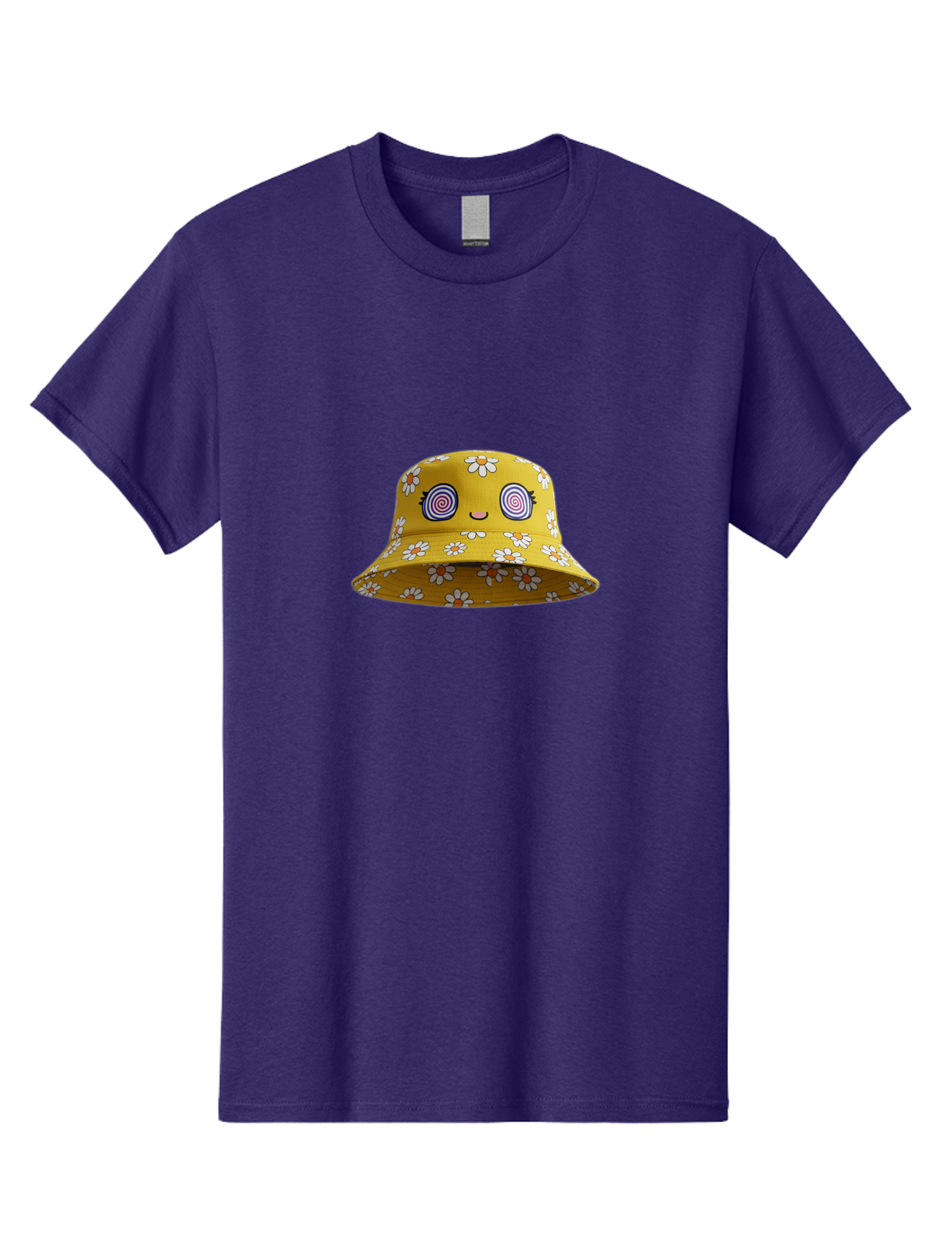 Yellow-Floral-Bucket-Hat Men'S Graphic Tee, 100% Cotton, Comfortable Casual Summer Wear, Machine Washable, Yellow Bucket Hat, Floral Pattern, Cartoon Face, Spiral Eyes, Smiling Mouth, Feminine Lashes, Fashion Accessory, Summer Hat, Beachwear, Bad939 13