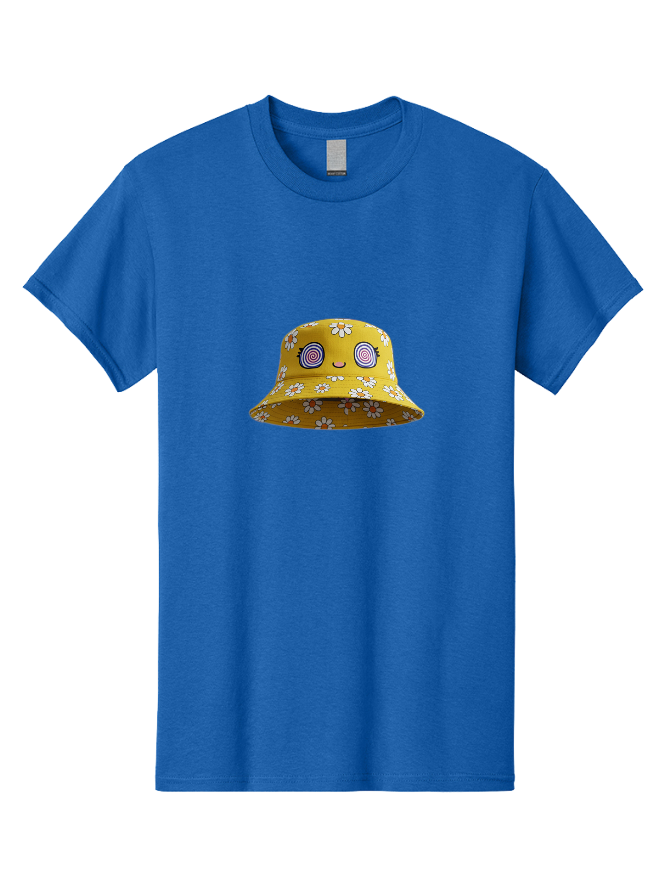 Yellow-Floral-Bucket-Hat Men'S Graphic Tee, 100% Cotton, Comfortable Casual Summer Wear, Machine Washable, Yellow Bucket Hat, Floral Pattern, Cartoon Face, Spiral Eyes, Smiling Mouth, Feminine Lashes, Fashion Accessory, Summer Hat, Beachwear, Bad939 11