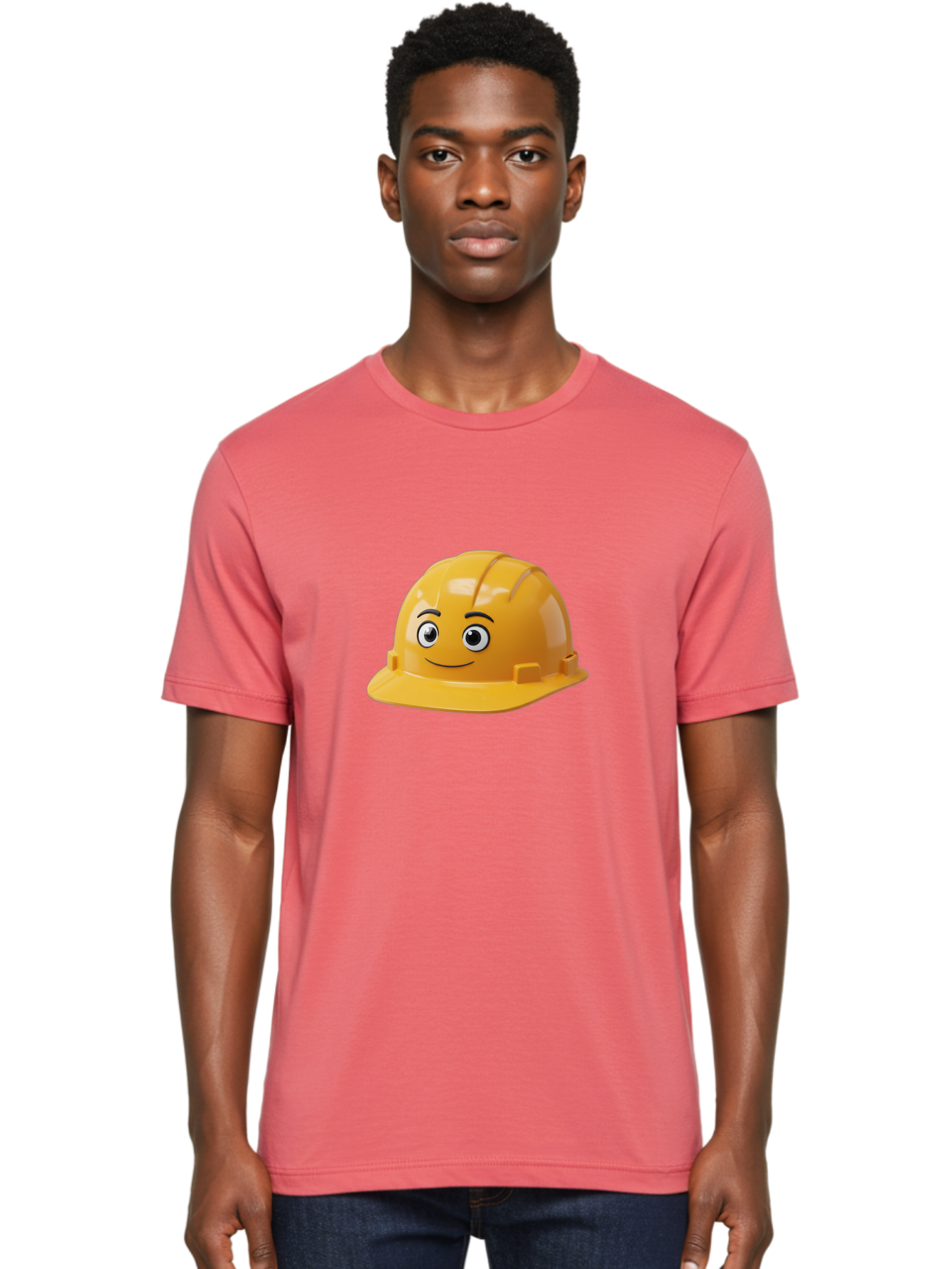 Yellow-Hard-Hat-1 Men'S Graphic Tee, 100% Cotton, Comfortable Casual Summer Wear, Machine Washable, Construction Hard Hat, Safety Helmet, Cartoon Character, Smiling Face, Yellow Plastic, Construction Worker, Protective Gear, Industrial Safety Bad940 22
