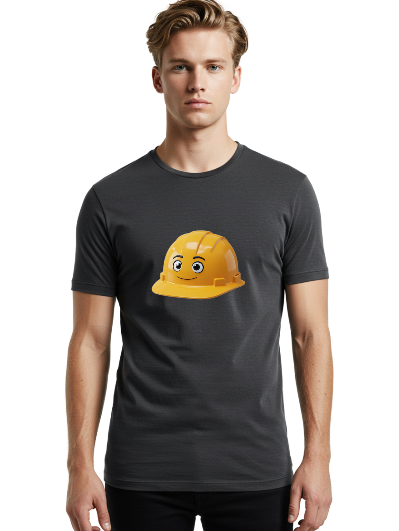 Yellow-Hard-Hat-1 Men'S Graphic Tee, 100% Cotton, Comfortable Casual Summer Wear, Machine Washable, Construction Hard Hat, Safety Helmet, Cartoon Character, Smiling Face, Yellow Plastic, Construction Worker, Protective Gear, Industrial Safety Bad940 19