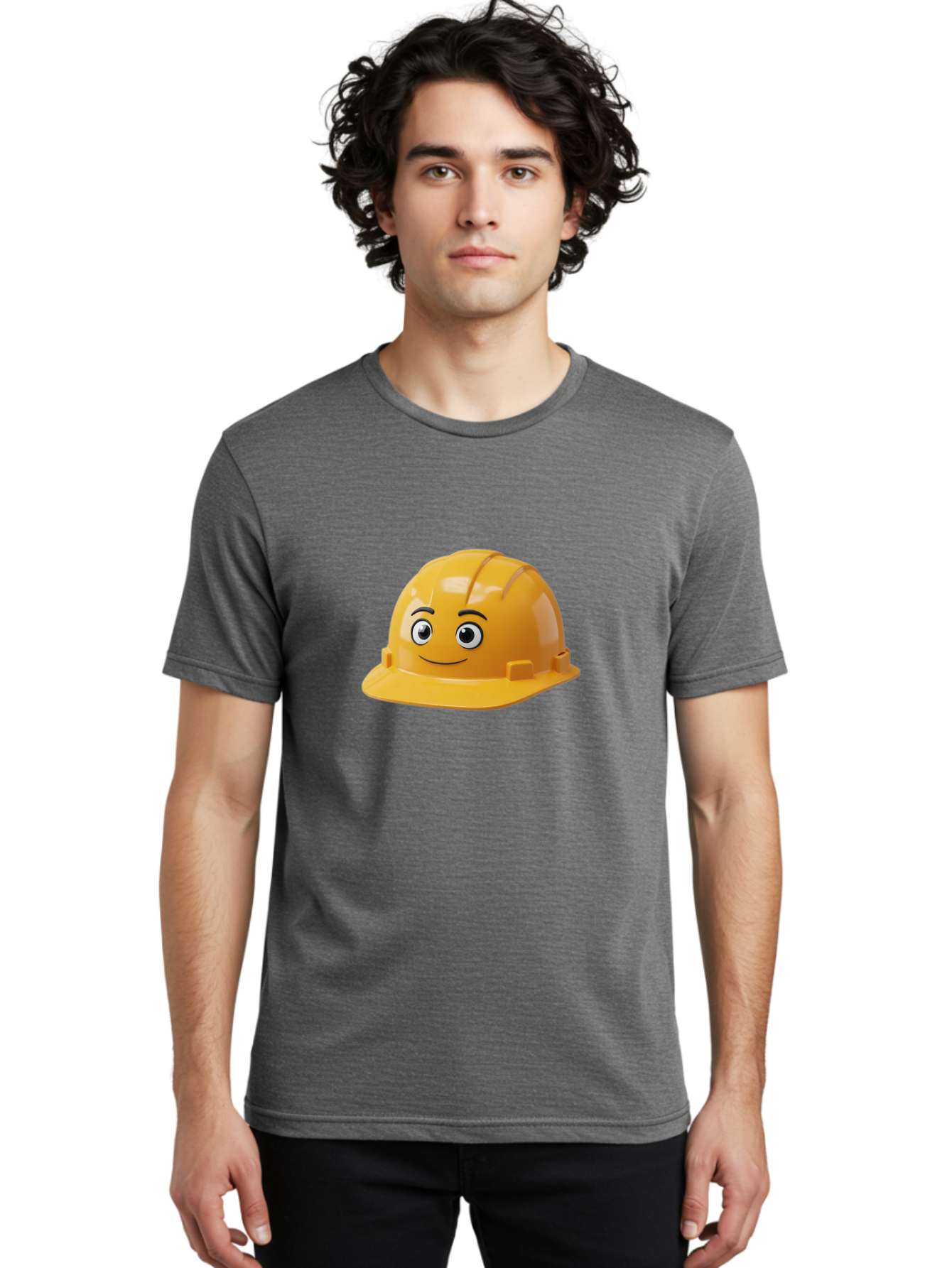 Yellow-Hard-Hat-1 Men'S Graphic Tee, 100% Cotton, Comfortable Casual Summer Wear, Machine Washable, Construction Hard Hat, Safety Helmet, Cartoon Character, Smiling Face, Yellow Plastic, Construction Worker, Protective Gear, Industrial Safety Bad940 16