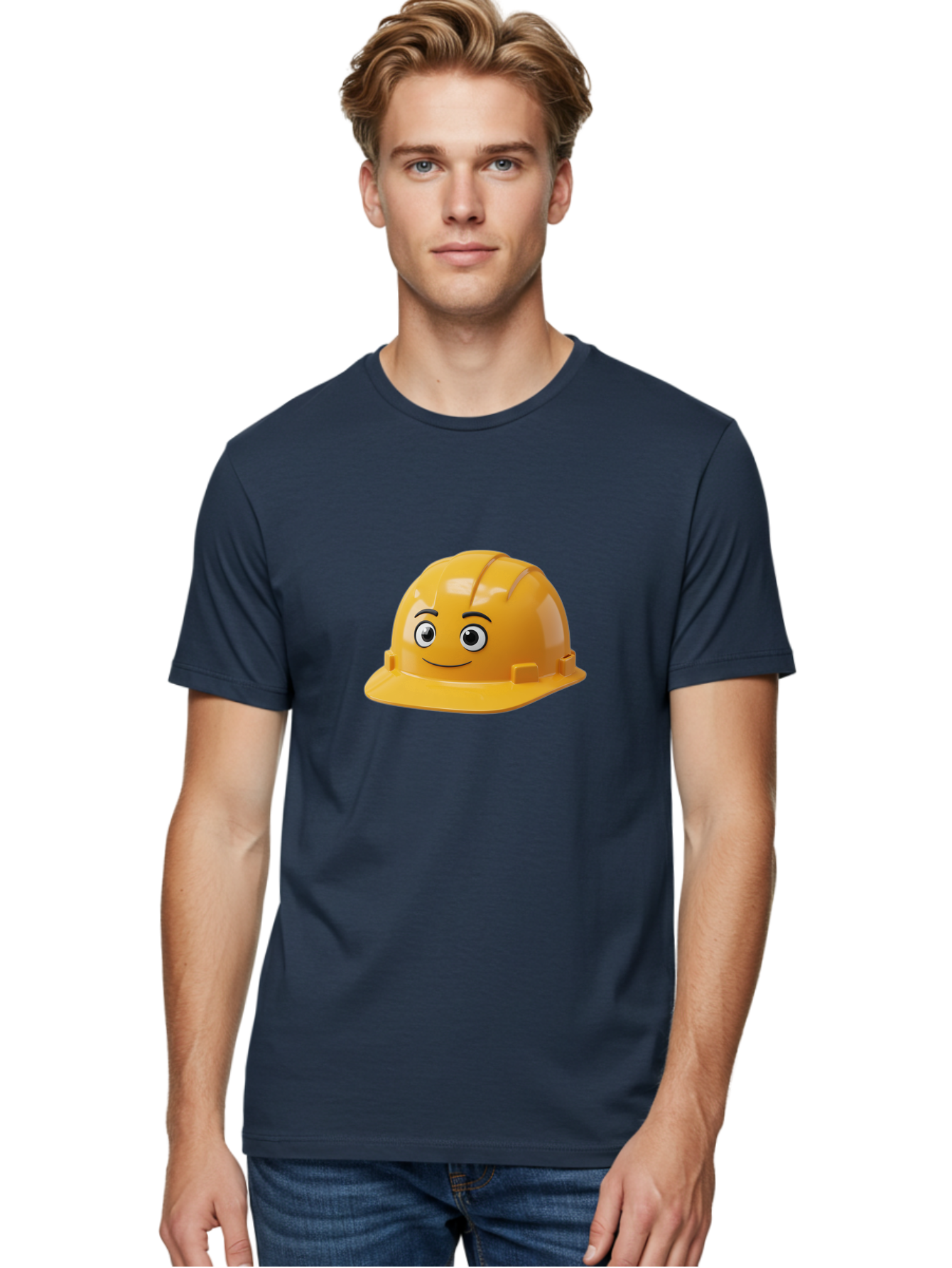 Yellow-Hard-Hat-1 Men'S Graphic Tee, 100% Cotton, Comfortable Casual Summer Wear, Machine Washable, Construction Hard Hat, Safety Helmet, Cartoon Character, Smiling Face, Yellow Plastic, Construction Worker, Protective Gear, Industrial Safety Bad940 28