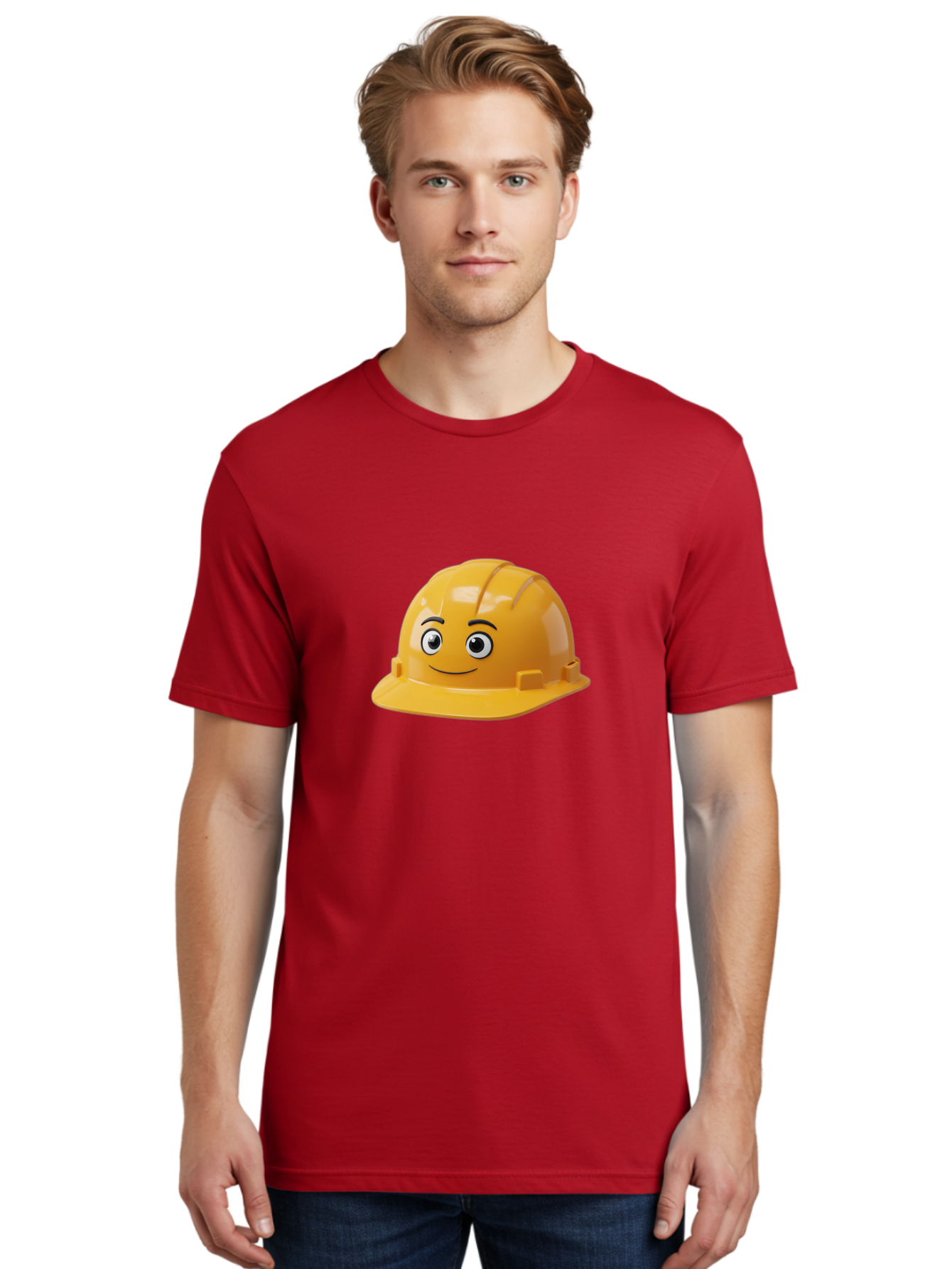 Yellow-Hard-Hat-1 Men'S Graphic Tee, 100% Cotton, Comfortable Casual Summer Wear, Machine Washable, Construction Hard Hat, Safety Helmet, Cartoon Character, Smiling Face, Yellow Plastic, Construction Worker, Protective Gear, Industrial Safety Bad940 17