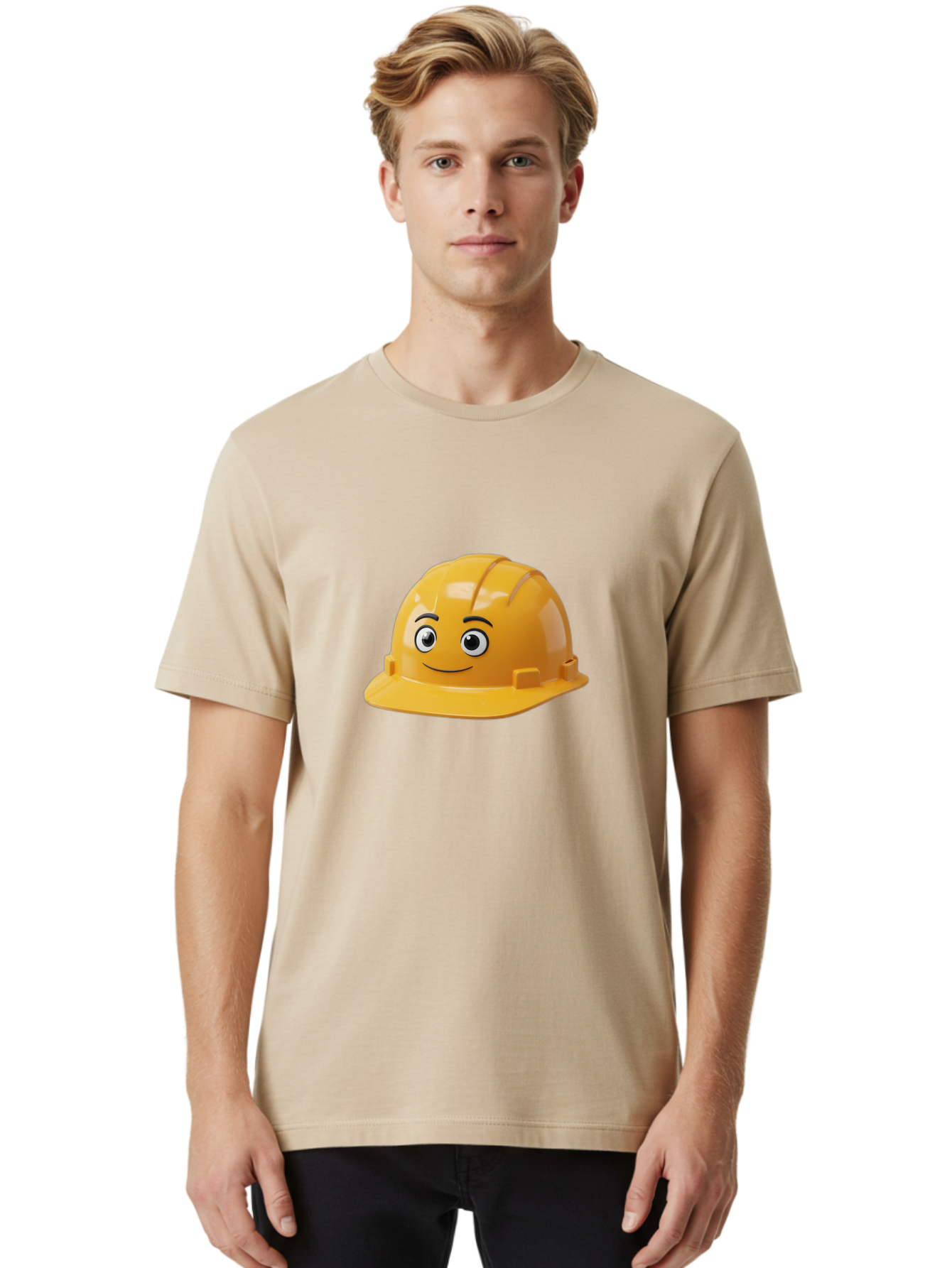 Yellow-Hard-Hat-1 Men'S Graphic Tee, 100% Cotton, Comfortable Casual Summer Wear, Machine Washable, Construction Hard Hat, Safety Helmet, Cartoon Character, Smiling Face, Yellow Plastic, Construction Worker, Protective Gear, Industrial Safety Bad940 24