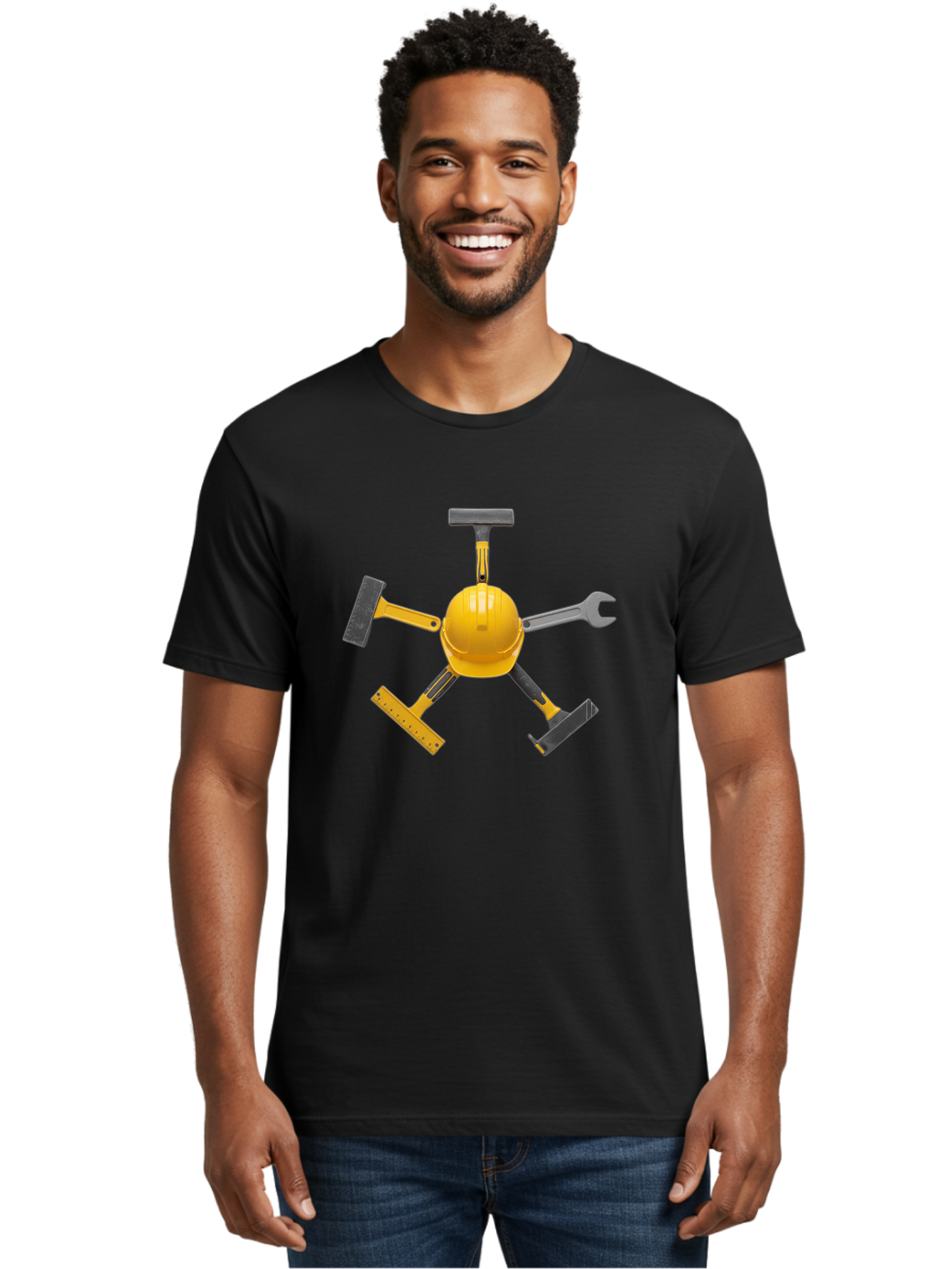 Yellow-Hard-Hat-2 Men'S Graphic Tee, 100% Cotton, Comfortable Casual Summer Wear, Machine Washable, Yellow Hard Hat, Construction Tools Arrangement, Creative Display, Construction Equipment, Squeegee, Putty Knife, Level, Adjustable Wrench, Bad941 27