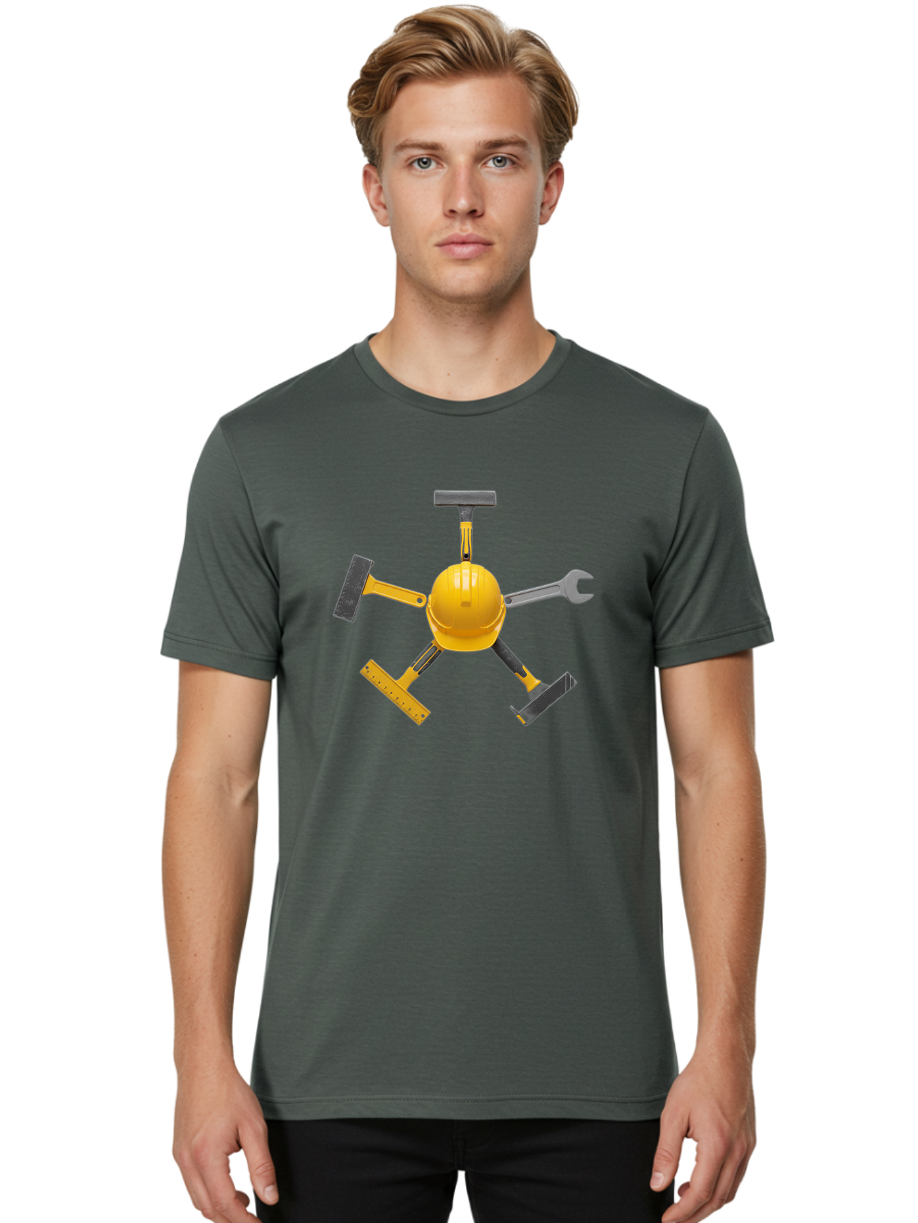 Yellow-Hard-Hat-2 Men'S Graphic Tee, 100% Cotton, Comfortable Casual Summer Wear, Machine Washable, Yellow Hard Hat, Construction Tools Arrangement, Creative Display, Construction Equipment, Squeegee, Putty Knife, Level, Adjustable Wrench, Bad941 24