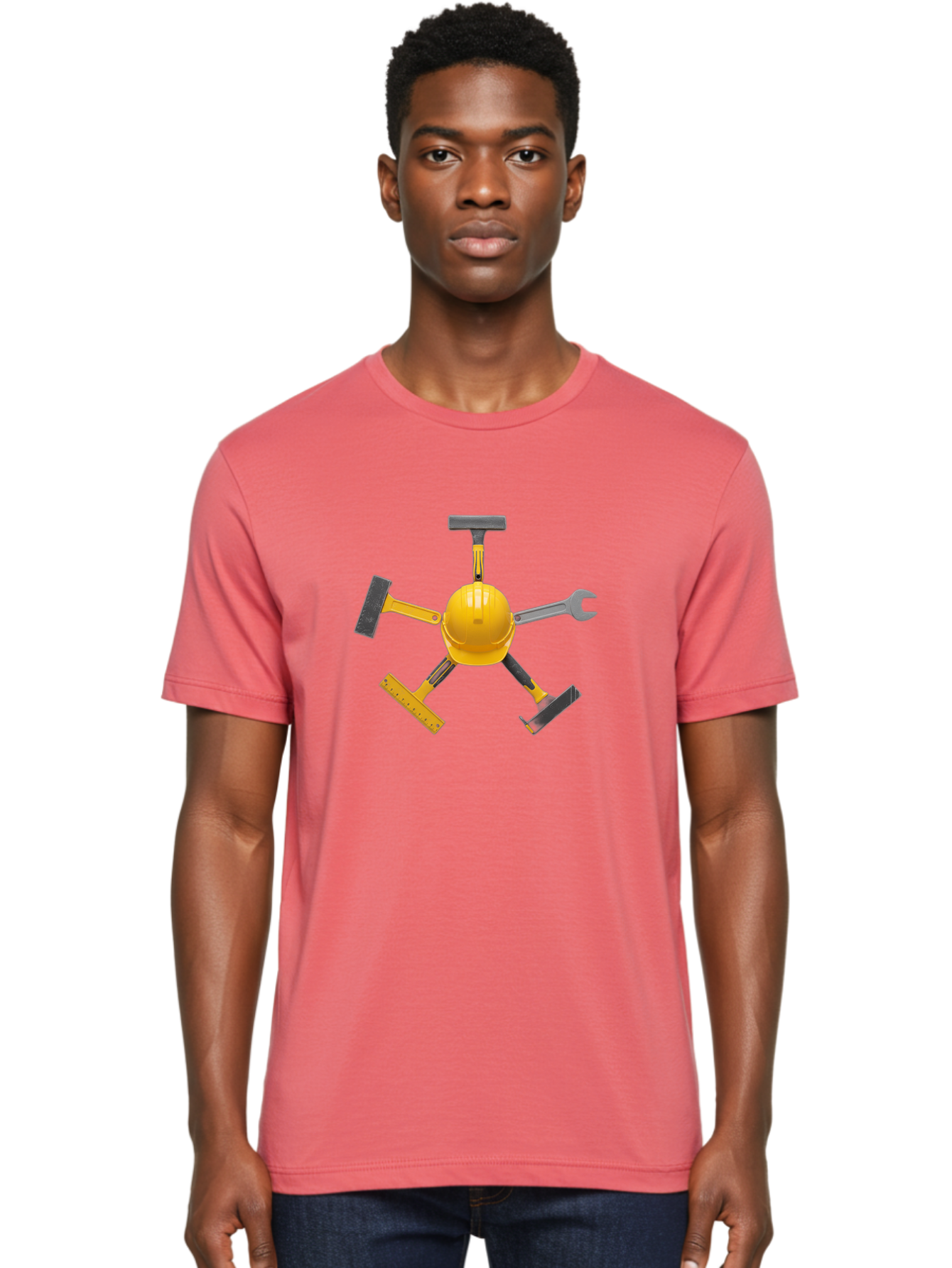 Yellow-Hard-Hat-2 Men'S Graphic Tee, 100% Cotton, Comfortable Casual Summer Wear, Machine Washable, Yellow Hard Hat, Construction Tools Arrangement, Creative Display, Construction Equipment, Squeegee, Putty Knife, Level, Adjustable Wrench, Bad941 30