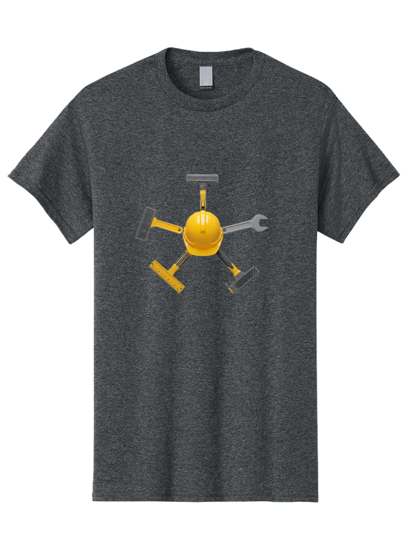 Yellow-Hard-Hat-2 Men'S Graphic Tee, 100% Cotton, Comfortable Casual Summer Wear, Machine Washable, Yellow Hard Hat, Construction Tools Arrangement, Creative Display, Construction Equipment, Squeegee, Putty Knife, Level, Adjustable Wrench, Bad941 6