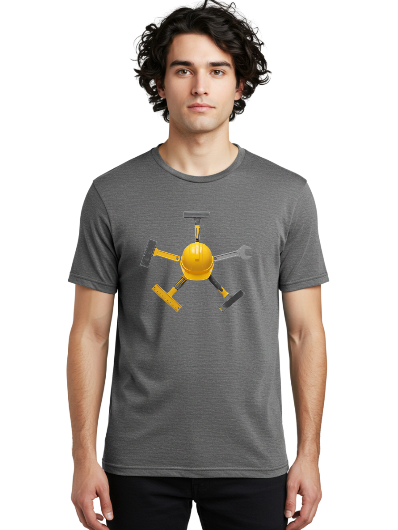 Yellow-Hard-Hat-2 Men'S Graphic Tee, 100% Cotton, Comfortable Casual Summer Wear, Machine Washable, Yellow Hard Hat, Construction Tools Arrangement, Creative Display, Construction Equipment, Squeegee, Putty Knife, Level, Adjustable Wrench, Bad941 20