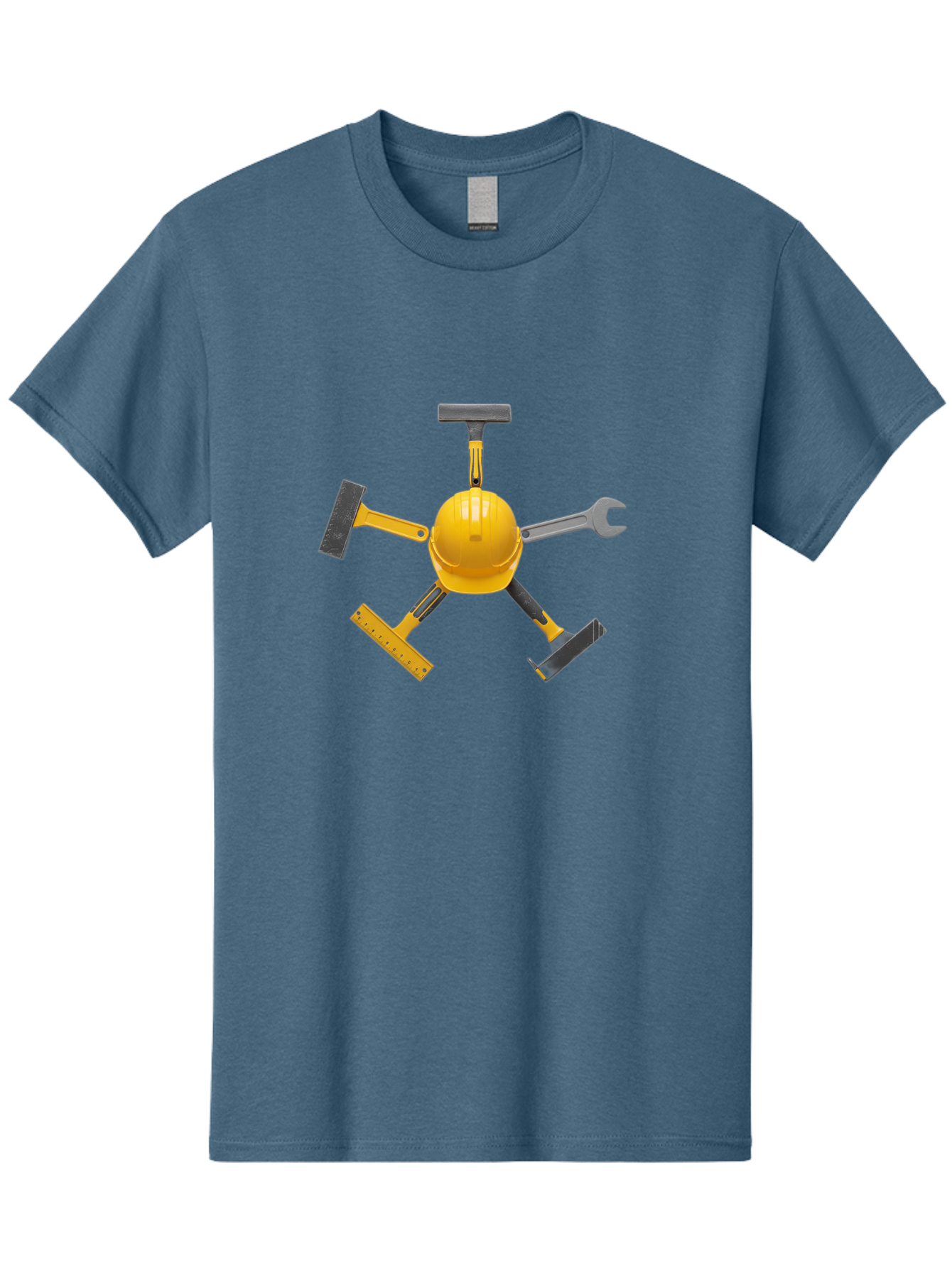 Yellow-Hard-Hat-2 Men'S Graphic Tee, 100% Cotton, Comfortable Casual Summer Wear, Machine Washable, Yellow Hard Hat, Construction Tools Arrangement, Creative Display, Construction Equipment, Squeegee, Putty Knife, Level, Adjustable Wrench, Bad941 8