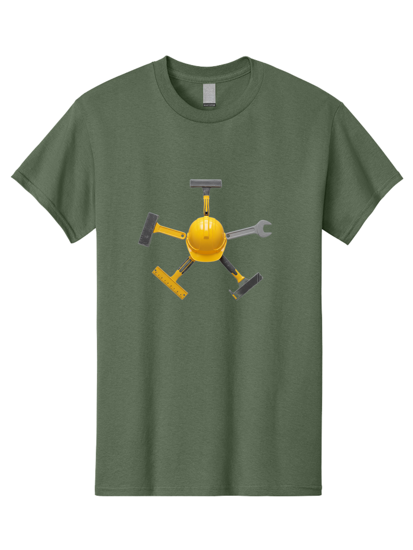 Yellow-Hard-Hat-2 Men'S Graphic Tee, 100% Cotton, Comfortable Casual Summer Wear, Machine Washable, Yellow Hard Hat, Construction Tools Arrangement, Creative Display, Construction Equipment, Squeegee, Putty Knife, Level, Adjustable Wrench, Bad941 3