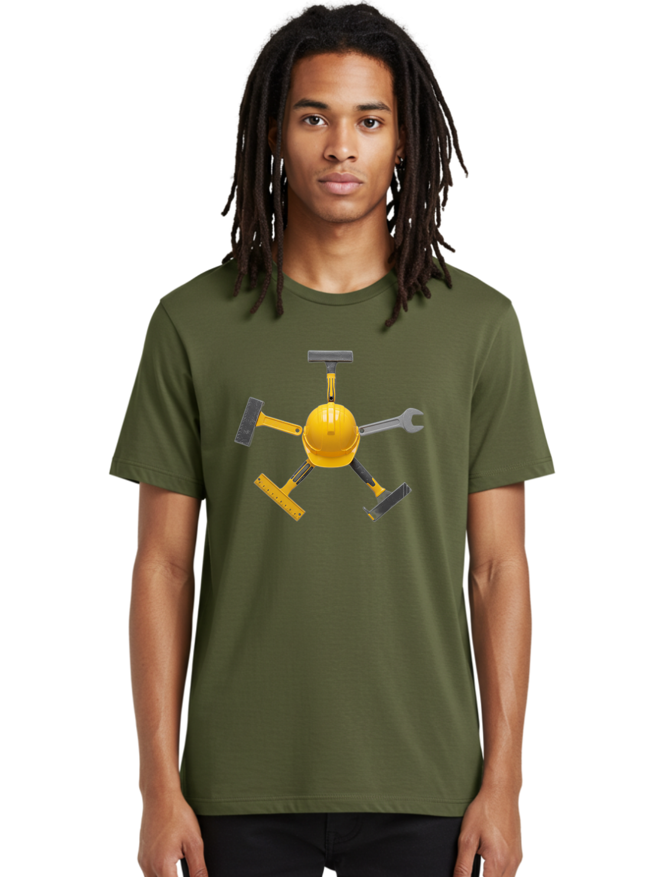 Yellow-Hard-Hat-2 Men'S Graphic Tee, 100% Cotton, Comfortable Casual Summer Wear, Machine Washable, Yellow Hard Hat, Construction Tools Arrangement, Creative Display, Construction Equipment, Squeegee, Putty Knife, Level, Adjustable Wrench, Bad941 18
