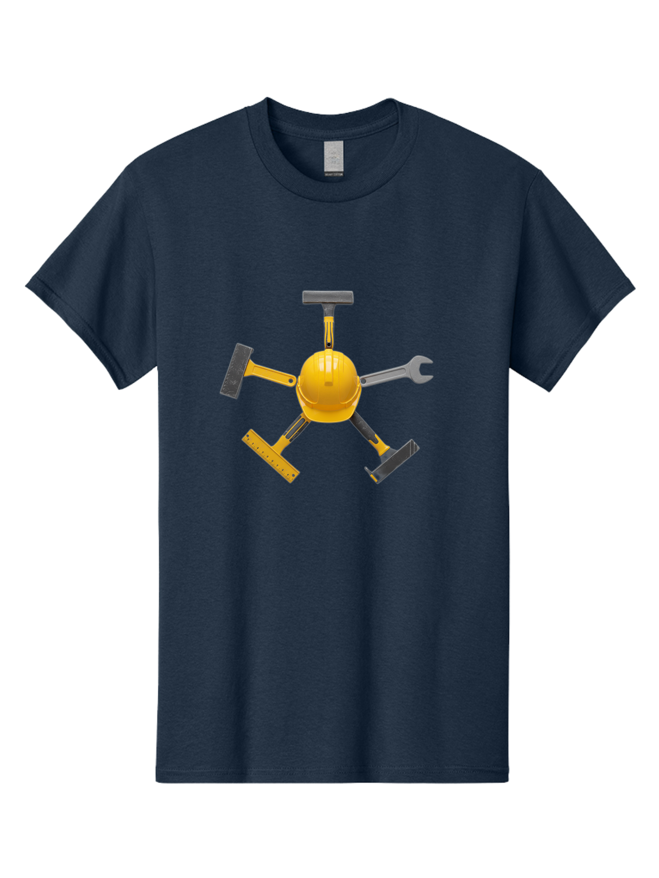 Yellow-Hard-Hat-2 Men'S Graphic Tee, 100% Cotton, Comfortable Casual Summer Wear, Machine Washable, Yellow Hard Hat, Construction Tools Arrangement, Creative Display, Construction Equipment, Squeegee, Putty Knife, Level, Adjustable Wrench, Bad941 14