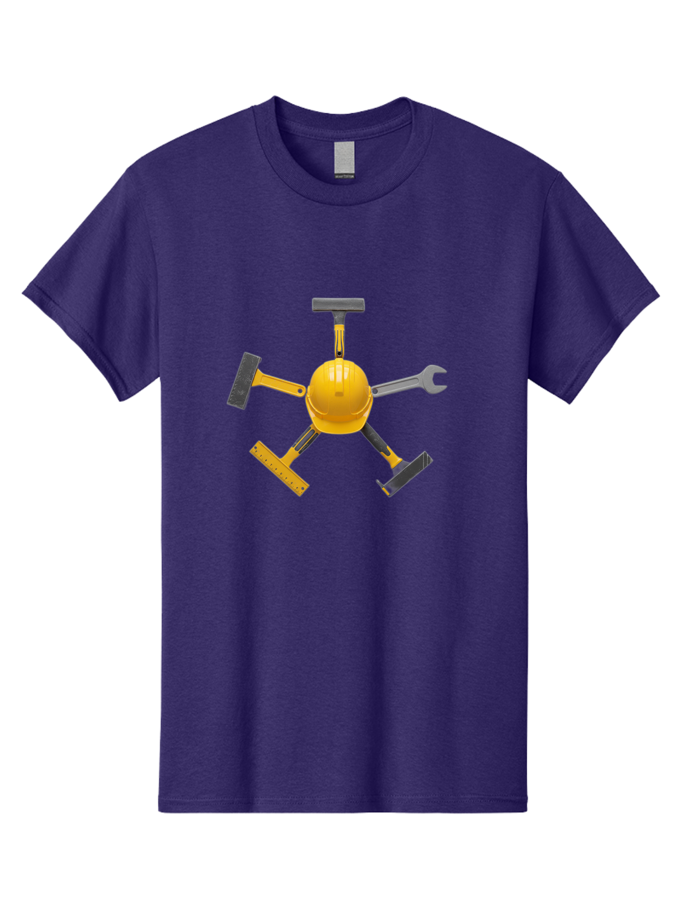 Yellow-Hard-Hat-2 Men'S Graphic Tee, 100% Cotton, Comfortable Casual Summer Wear, Machine Washable, Yellow Hard Hat, Construction Tools Arrangement, Creative Display, Construction Equipment, Squeegee, Putty Knife, Level, Adjustable Wrench, Bad941 10