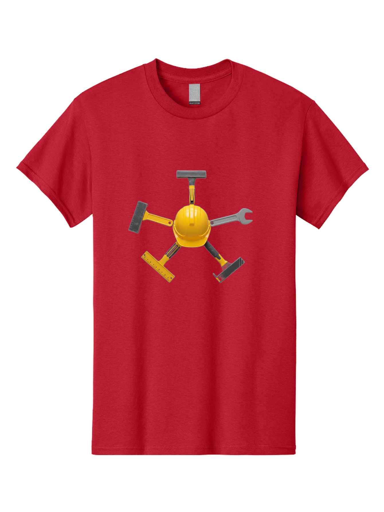 Yellow-Hard-Hat-2 Men'S Graphic Tee, 100% Cotton, Comfortable Casual Summer Wear, Machine Washable, Yellow Hard Hat, Construction Tools Arrangement, Creative Display, Construction Equipment, Squeegee, Putty Knife, Level, Adjustable Wrench, Bad941 7