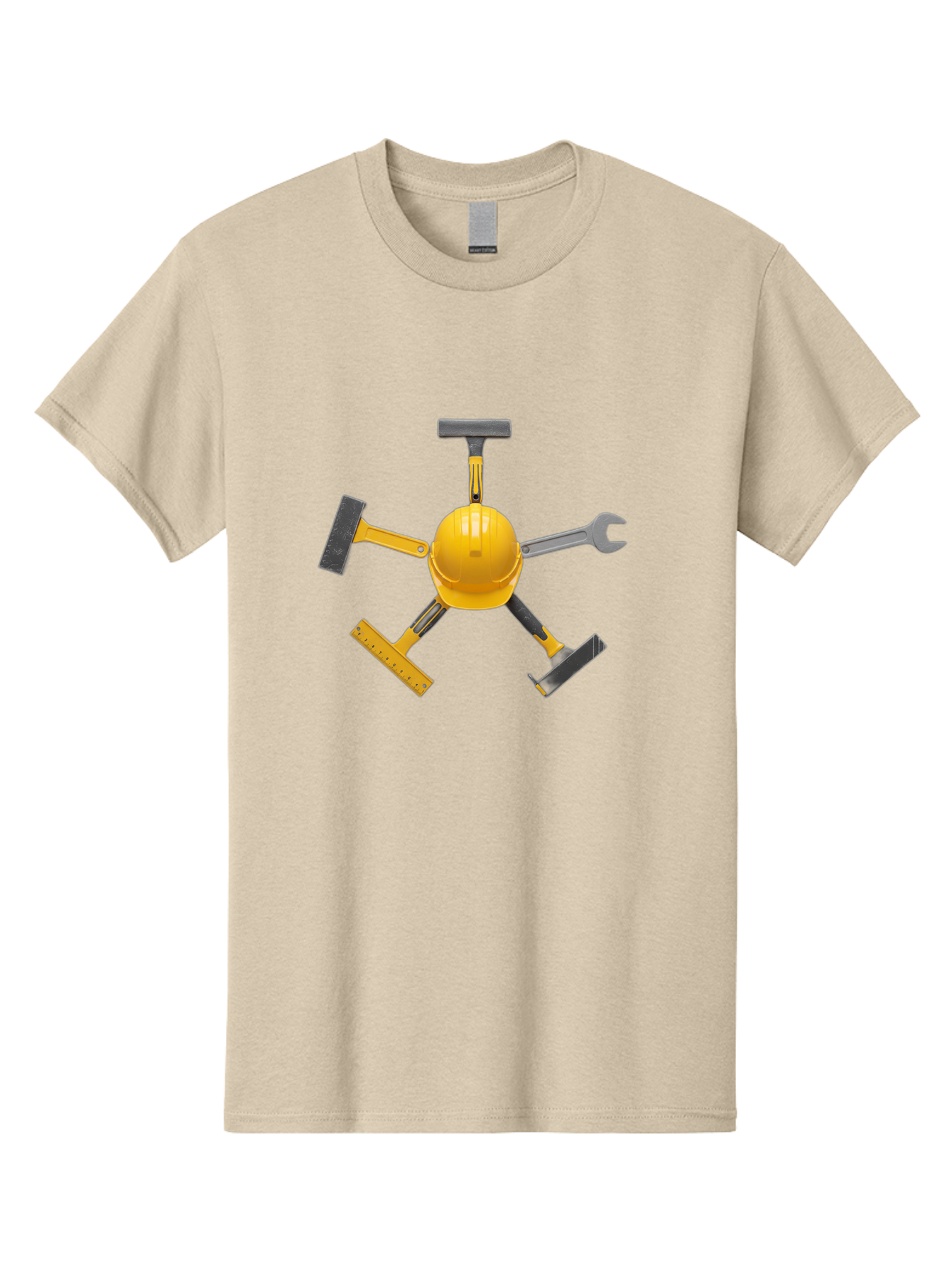 Yellow-Hard-Hat-2 Men'S Graphic Tee, 100% Cotton, Comfortable Casual Summer Wear, Machine Washable, Yellow Hard Hat, Construction Tools Arrangement, Creative Display, Construction Equipment, Squeegee, Putty Knife, Level, Adjustable Wrench, Bad941 11
