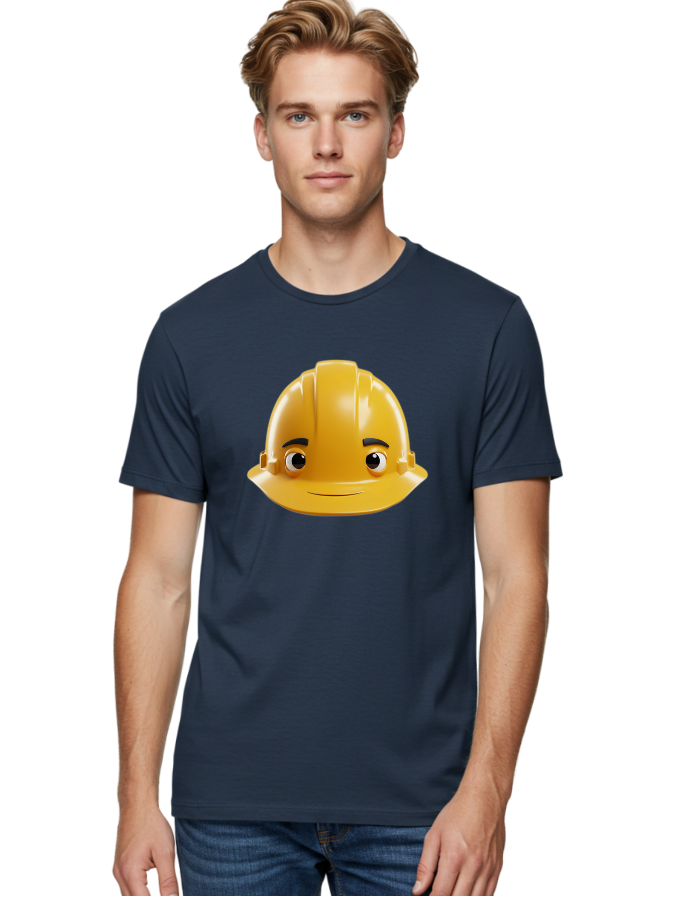 Yellow-Hard-Hat-Emoji Men'S Graphic Tee, 100% Cotton, Comfortable Casual Summer Wear, Machine Washable, Yellow Hard Hat, Cartoon Face, Construction Worker, Safety Helmet, Smiling Character, Yellow Emoji, Workplace Safety, Character Design Bad942 27