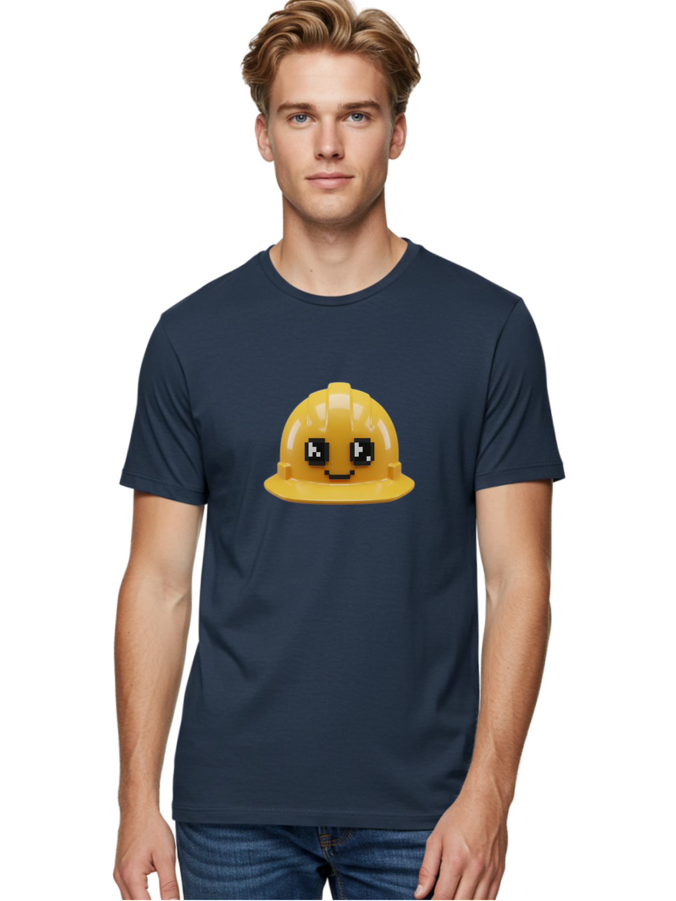 Yellow-Hard-Hat Men'S Graphic Tee, 100% Cotton, Comfortable Casual Summer Wear, Machine Washable, Yellow Hard Hat, Smiling Face, Pixelated Eyes, Construction Worker, Safety Gear, Cartoon Character, Funny Hat Bad943 30