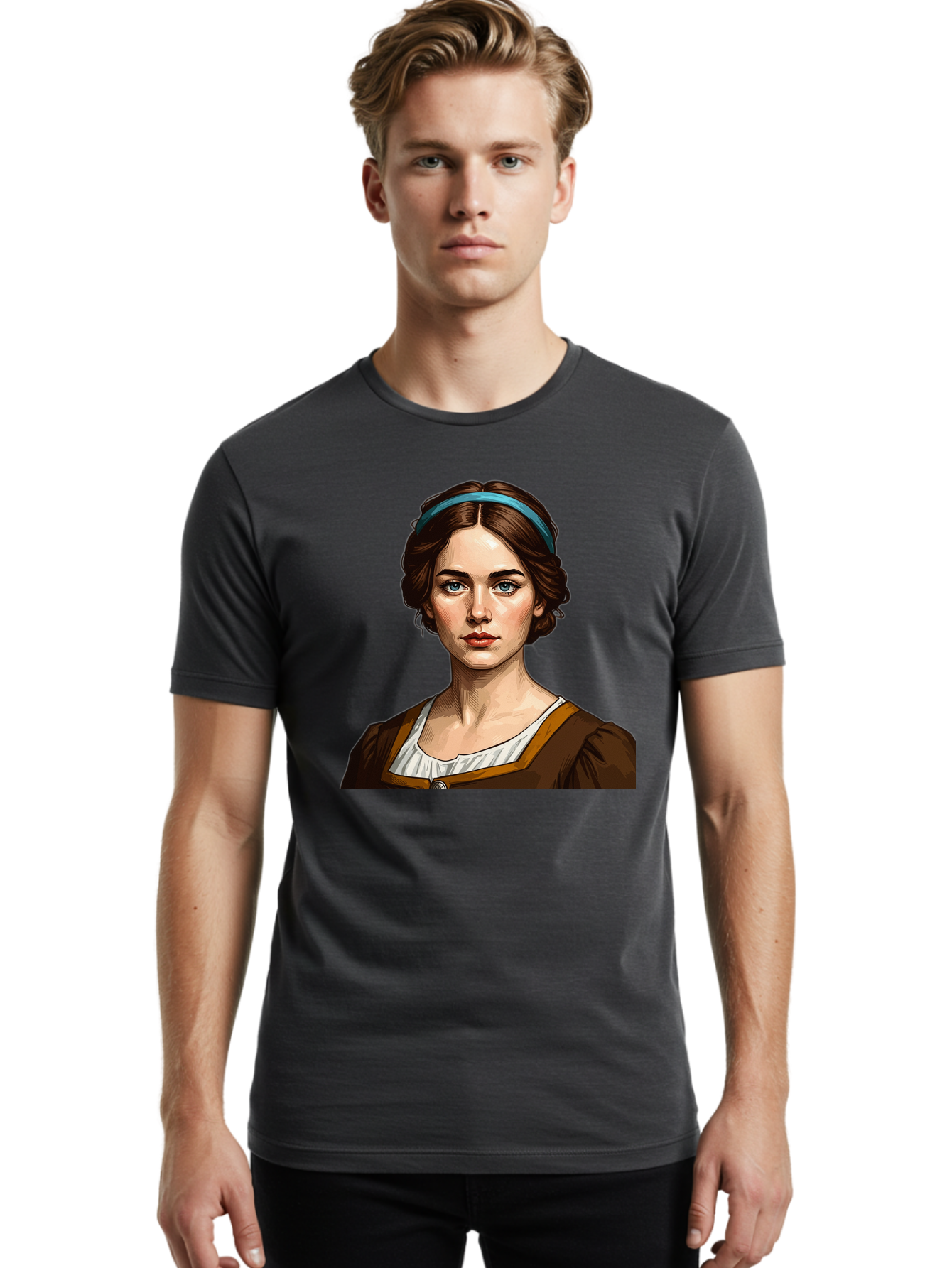 Young-Woman-Portrait-1 Men'S Graphic Tee, 100% Cotton, Comfortable Casual Summer Wear, Machine Washable, Young Woman Portrait, Blue Eyes, Brown Hair, Blue Headband, Brown Dress, White Collar, Renaissance-Inspired Art, Digital Illustration, Bad945 20